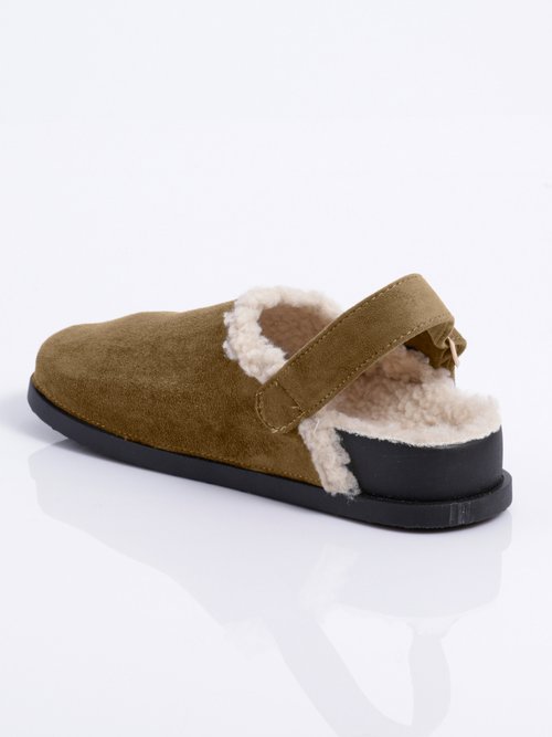 Mules fourrées en suédine, bride talon Femme Vert JOIH8-978C DO1