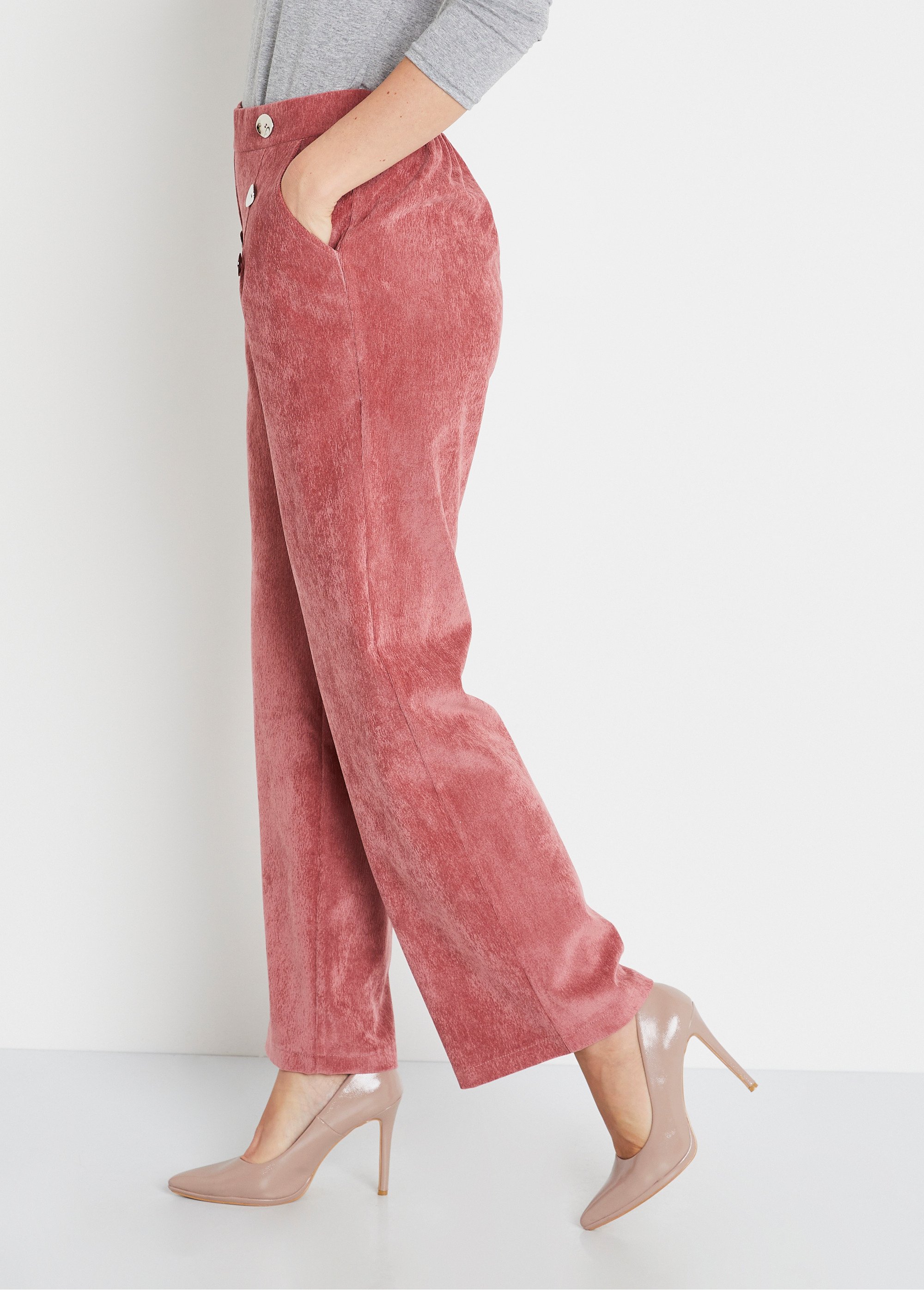 Pantalon large velours milleraies effet pont Femme Rose NOSSEN DR2