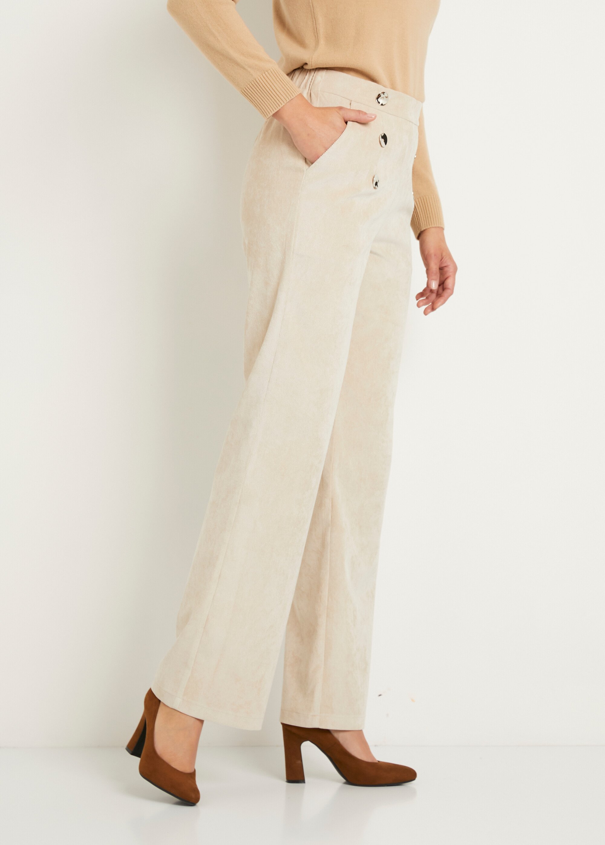 Pantalon large velours milleraies effet pont Femme Beige NOSSEN DR1