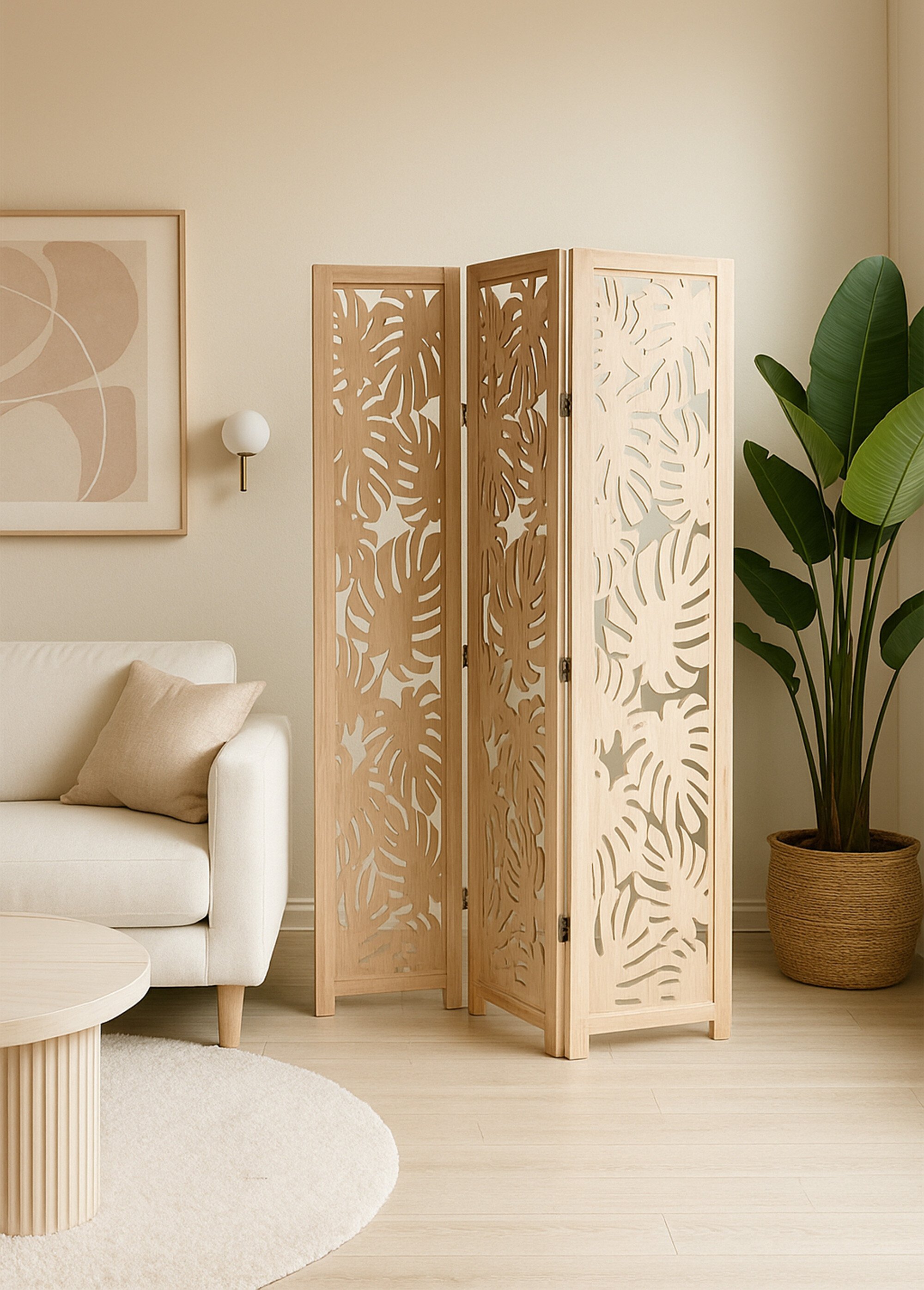 Paravent bois sculpté 3 volets, Palmier Beige JJA-185641 SI1