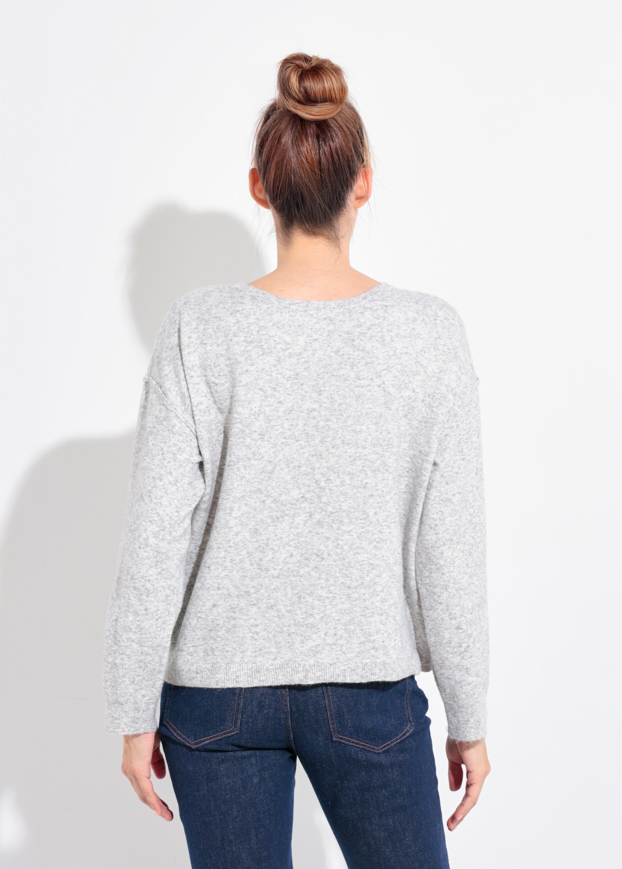 Pull col rond dégagé chaud avec laine Femme Gris IA-AR819 DO1