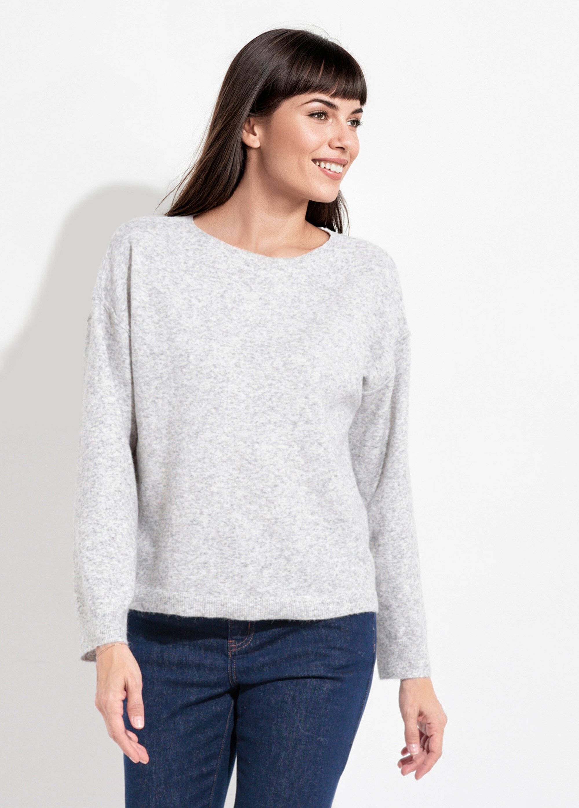 Pull col rond dégagé chaud avec laine Femme Gris IA-AR819 FA1