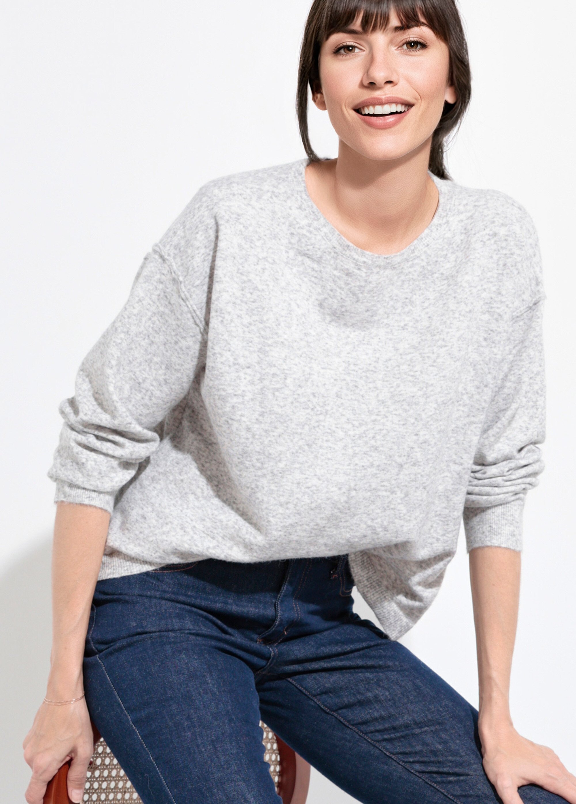 Pull col rond dégagé chaud avec laine Femme Gris IA-AR819 MV1