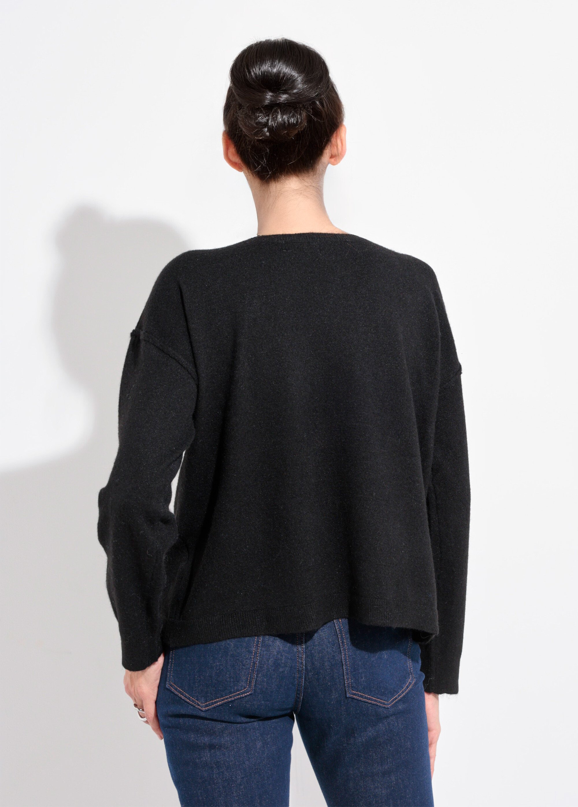 Pull col rond dégagé chaud avec laine Femme Noir IA-AR819 DO1
