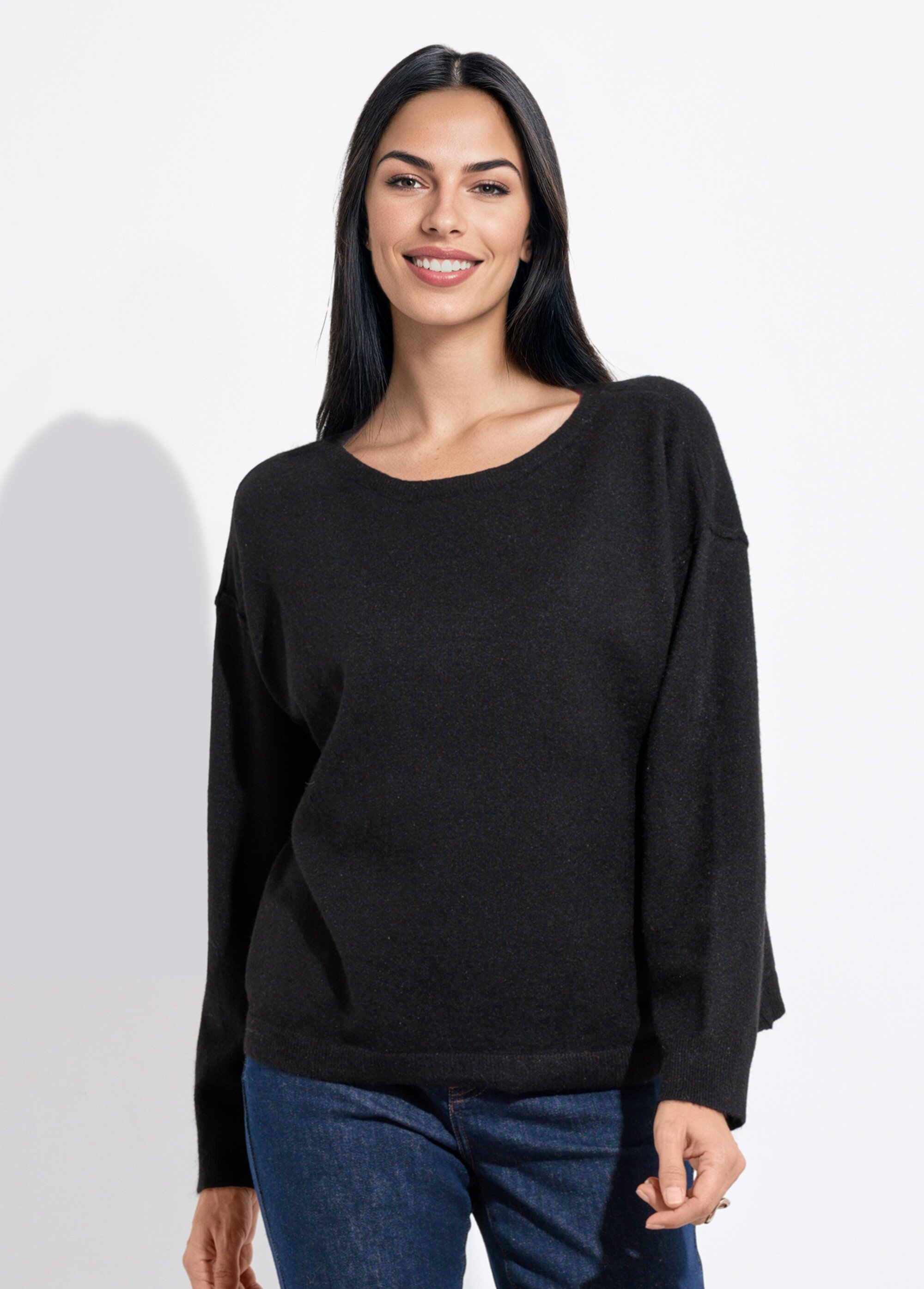 Pull col rond dégagé chaud avec laine Femme Noir IA-AR819 FA1