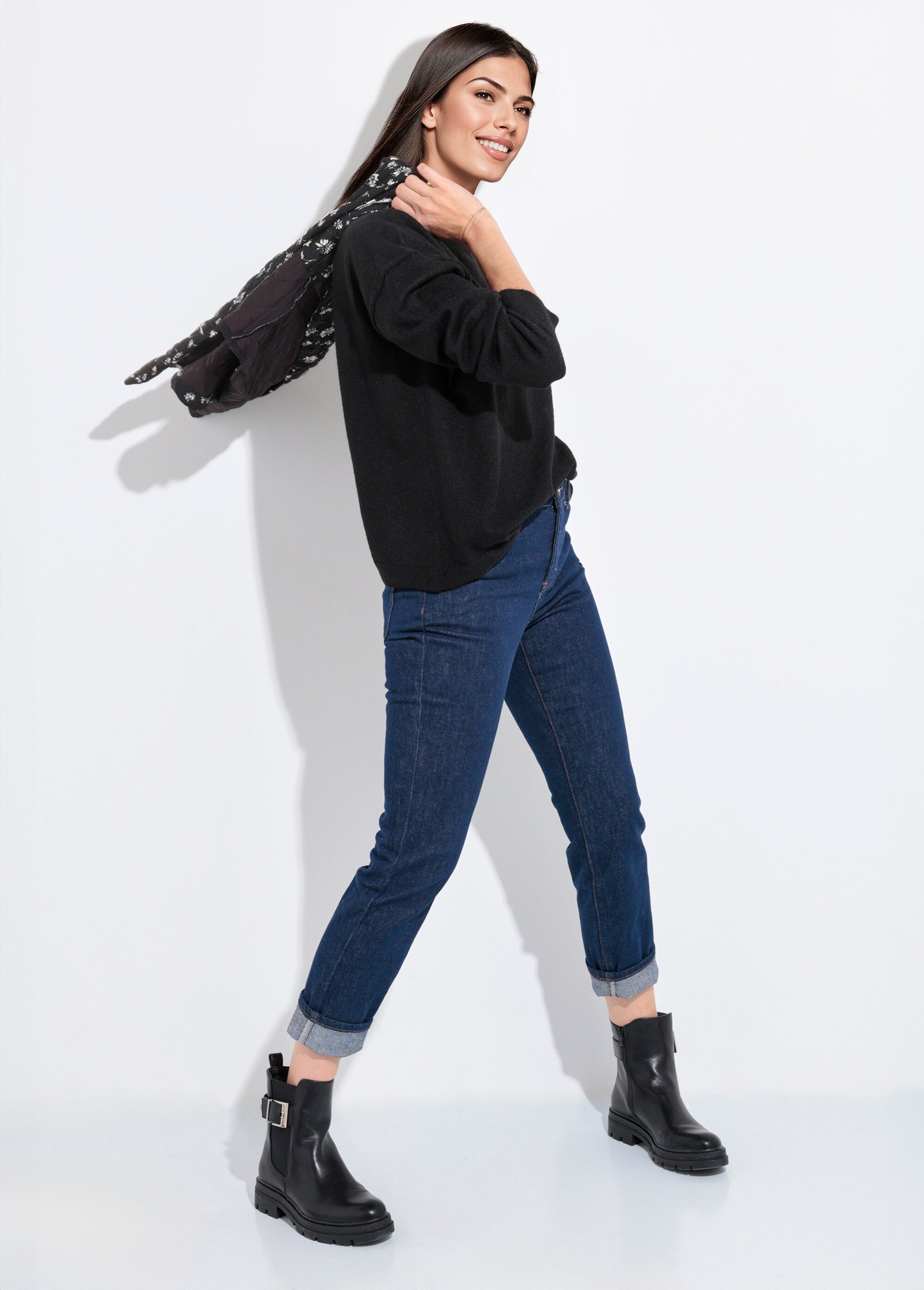 Pull col rond dégagé chaud avec laine Femme Noir IA-AR819 SI1