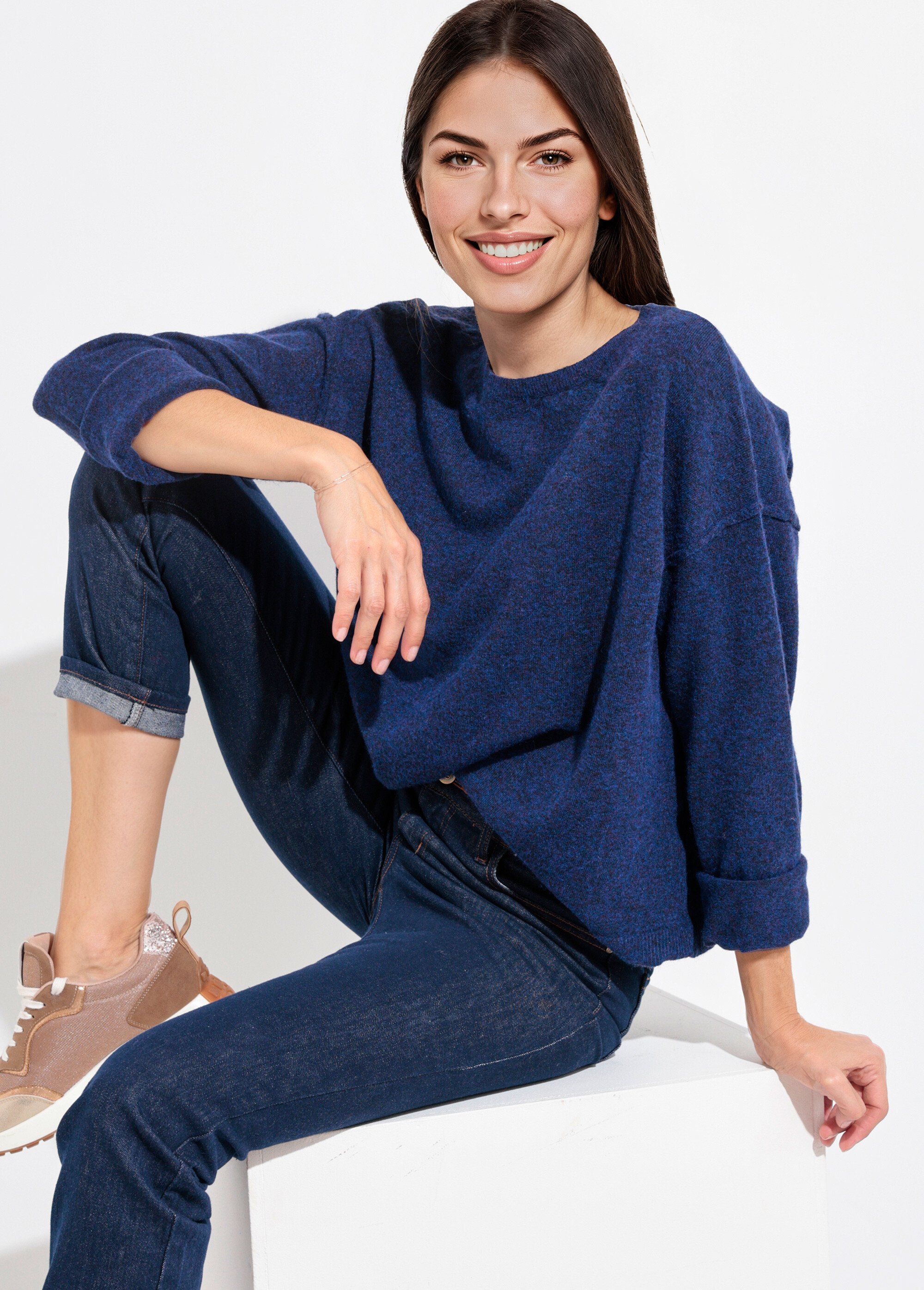 Pull col rond dégagé chaud avec laine Femme Bleu IA-AR819 MV1