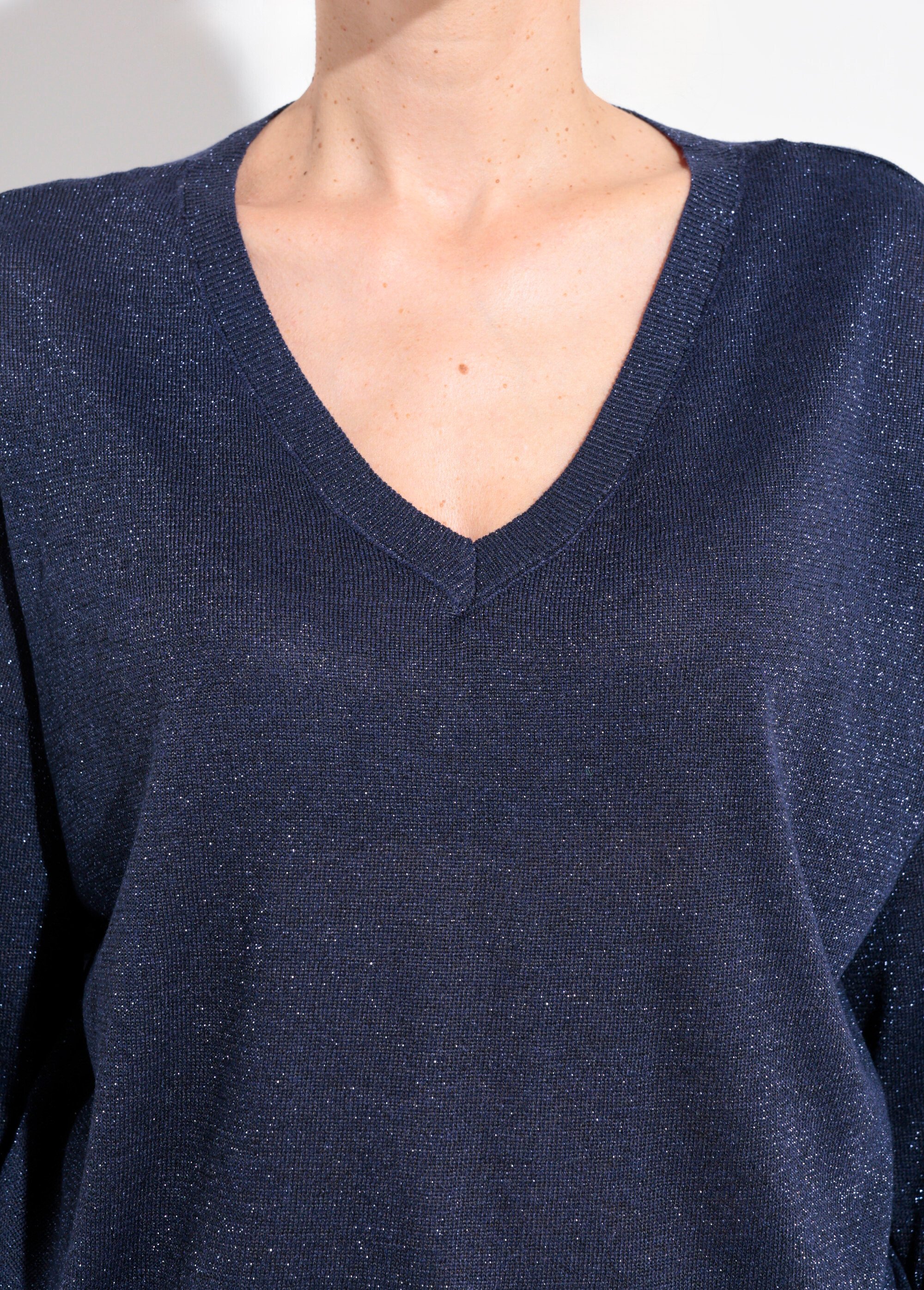Pull col V maille fine jauge métallisée Femme Bleu IA-AR836 DE1