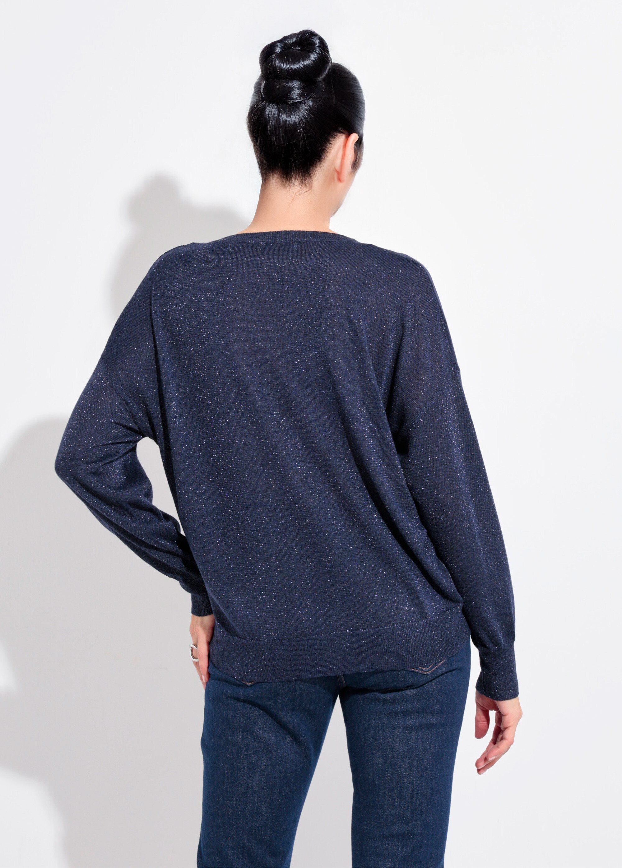 Pull col V maille fine jauge métallisée Femme Bleu IA-AR836 DO1