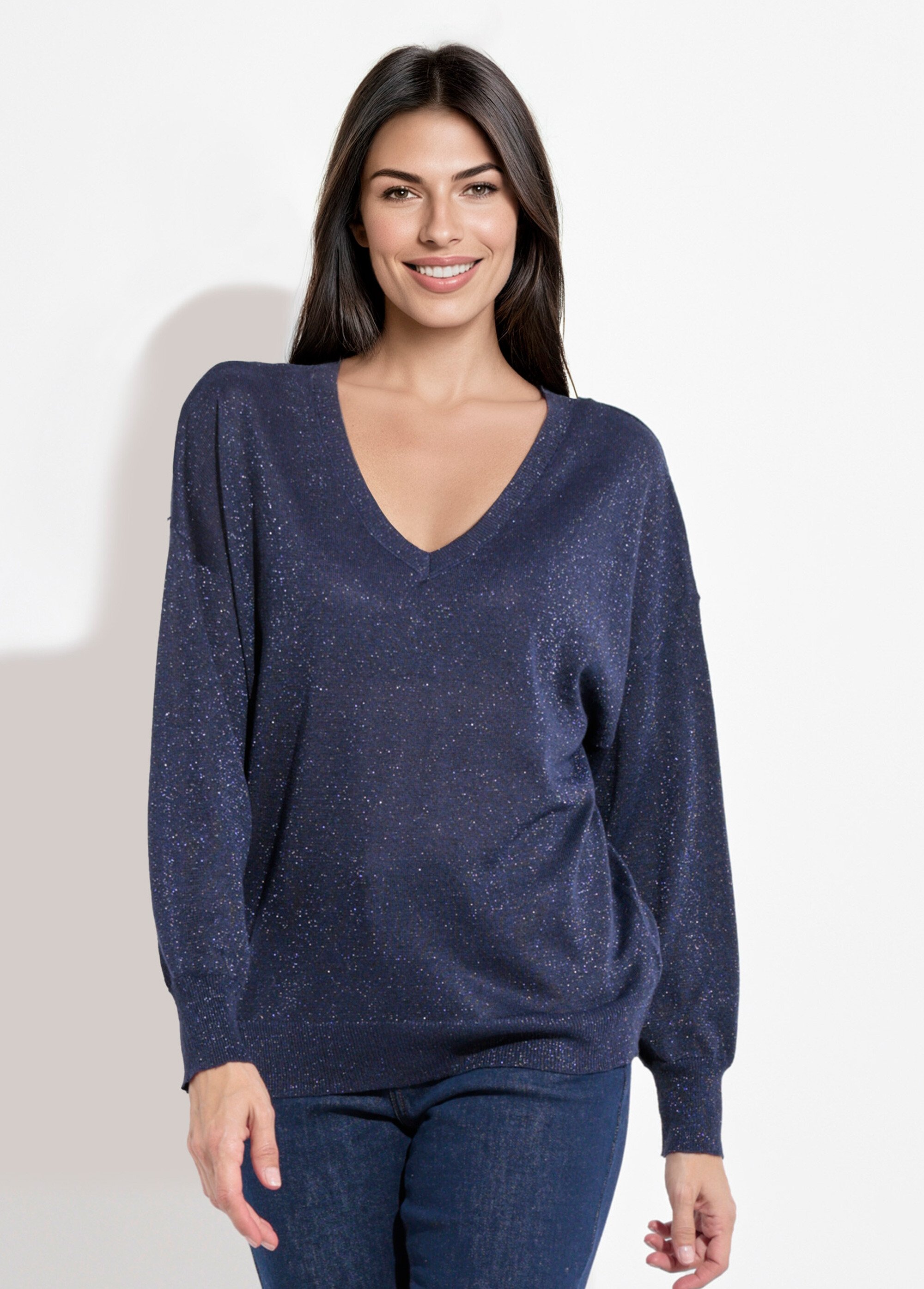 Pull col V maille fine jauge métallisée Femme Bleu IA-AR836 FA1