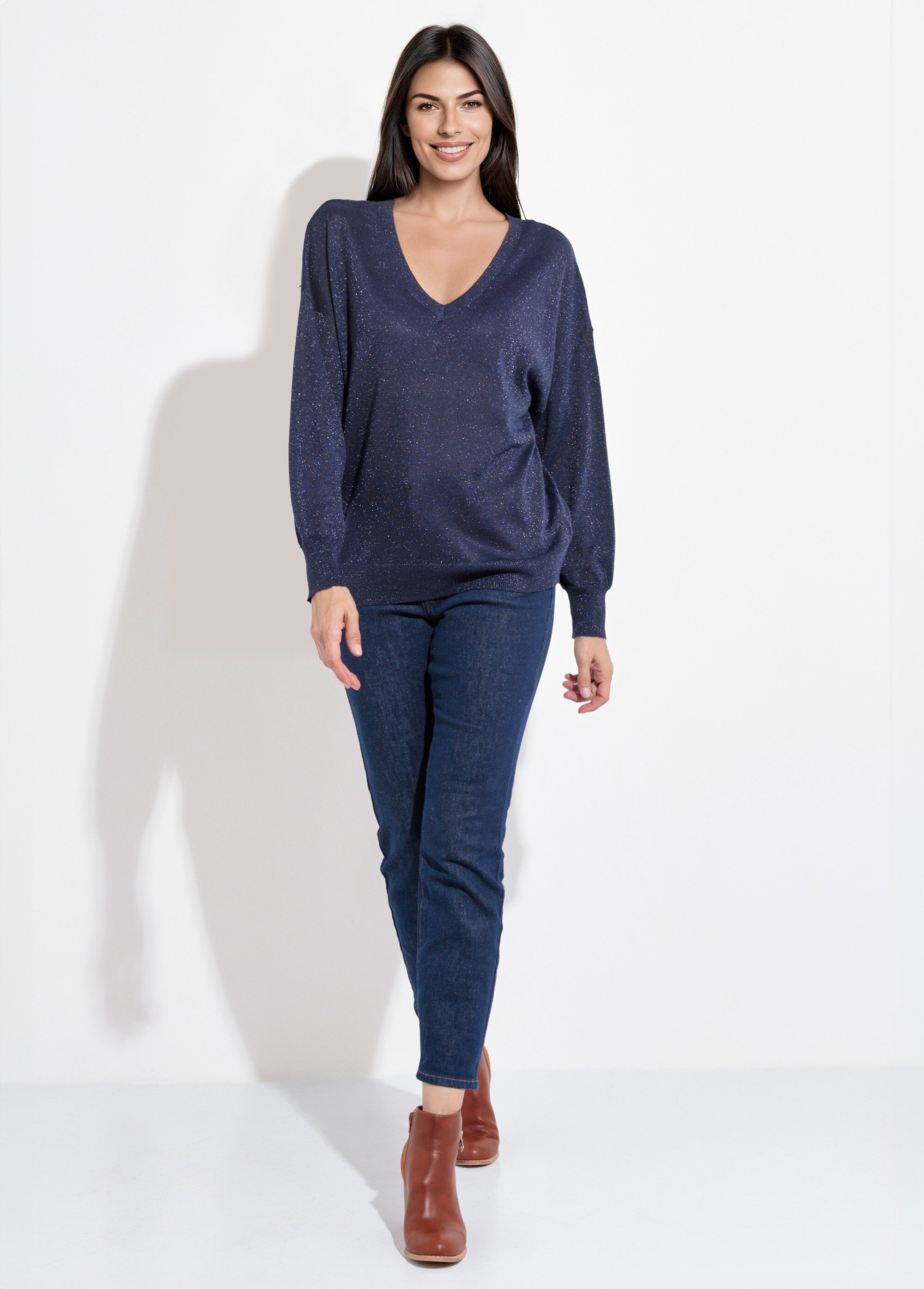 Pull col V maille fine jauge métallisée Femme Bleu IA-AR836 SF1