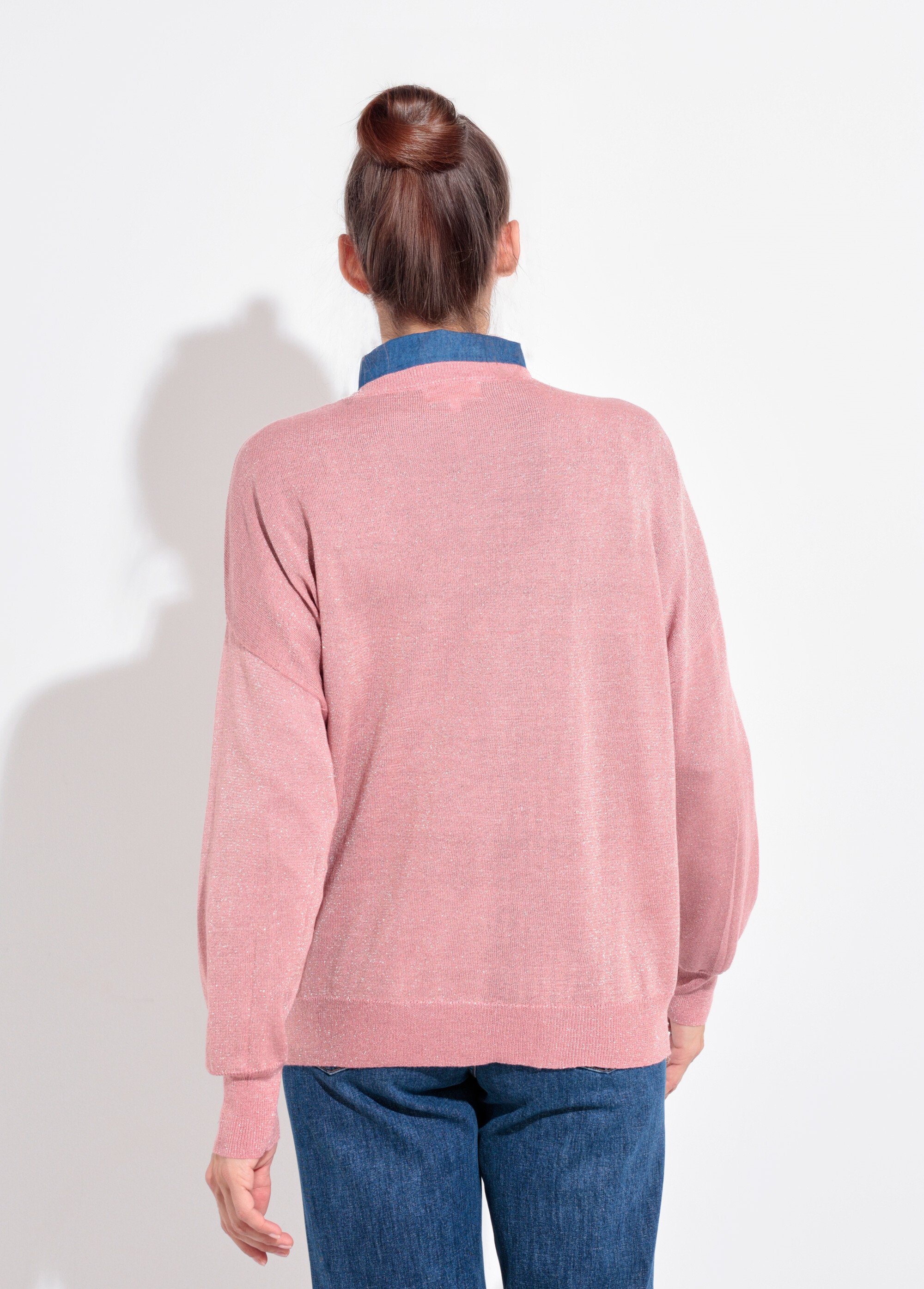 Pull col V maille fine jauge métallisée Femme Rose IA-AR836 DO1
