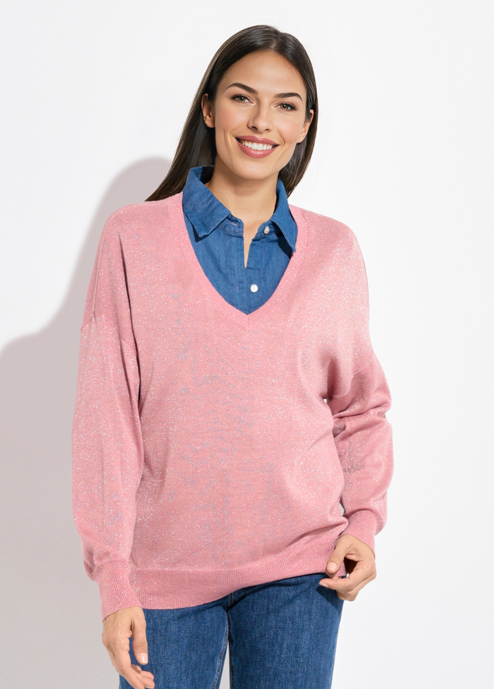 Pull col V maille fine jauge métallisée Femme Rose IA-AR836 FA1