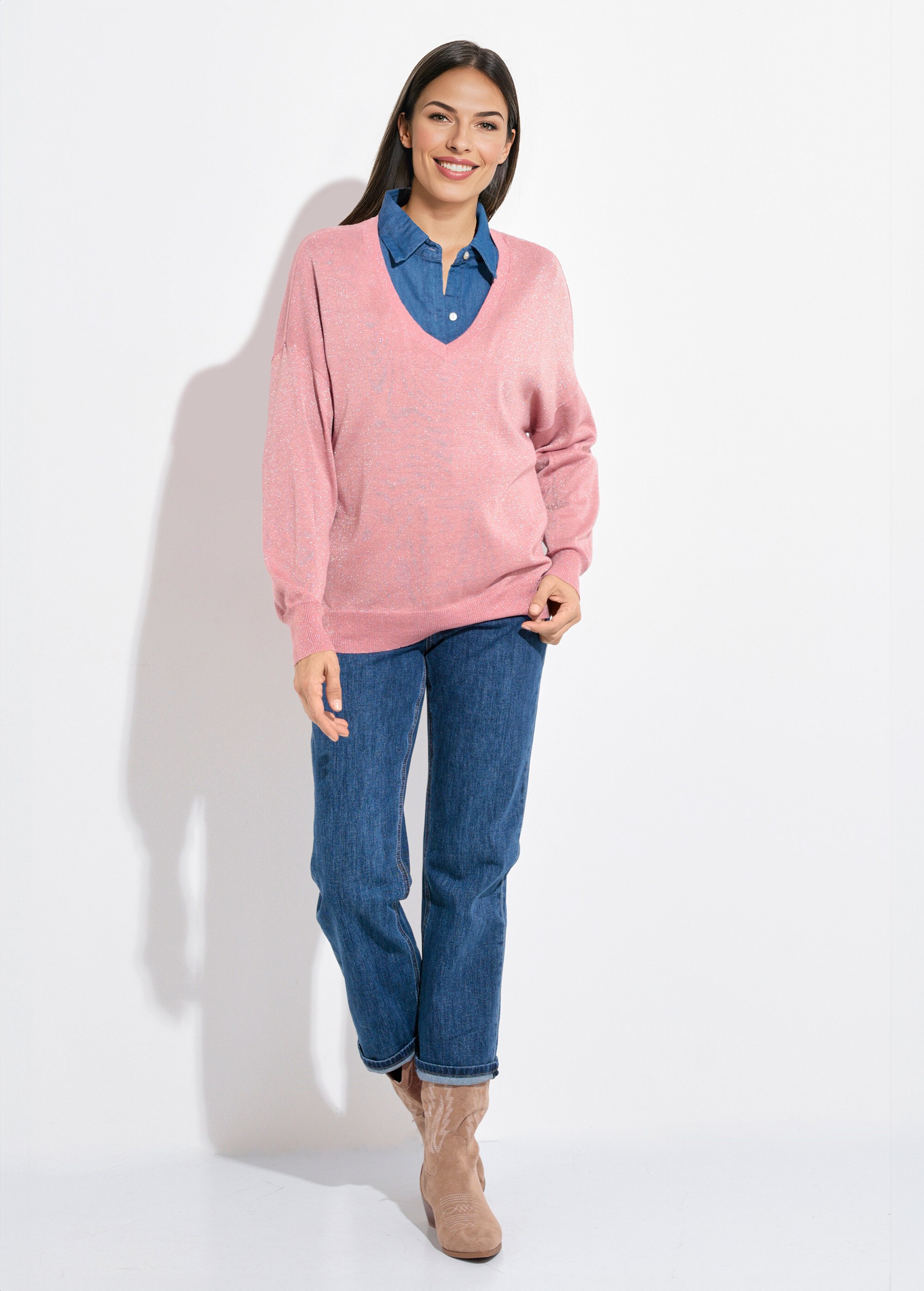 Pull col V maille fine jauge métallisée Femme Rose IA-AR836 SF1