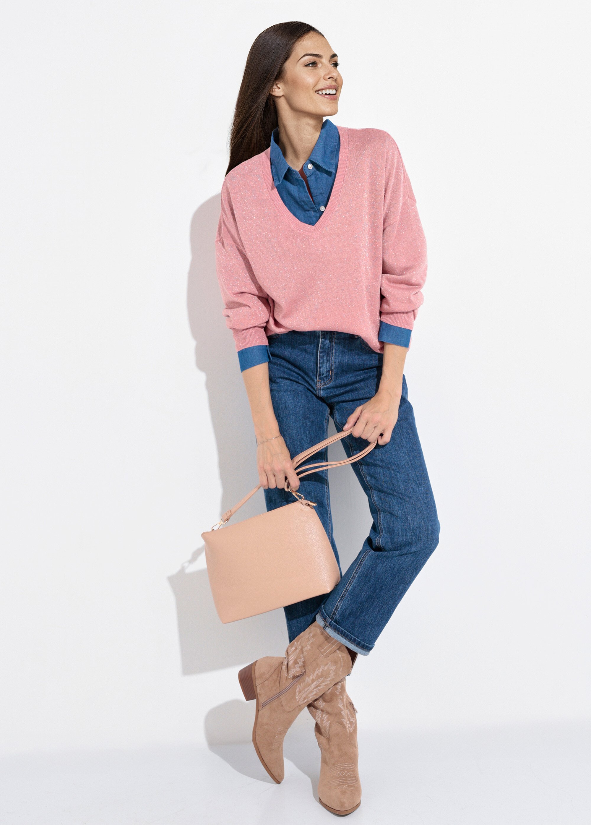 Pull col V maille fine jauge métallisée Femme Rose IA-AR836 SI1