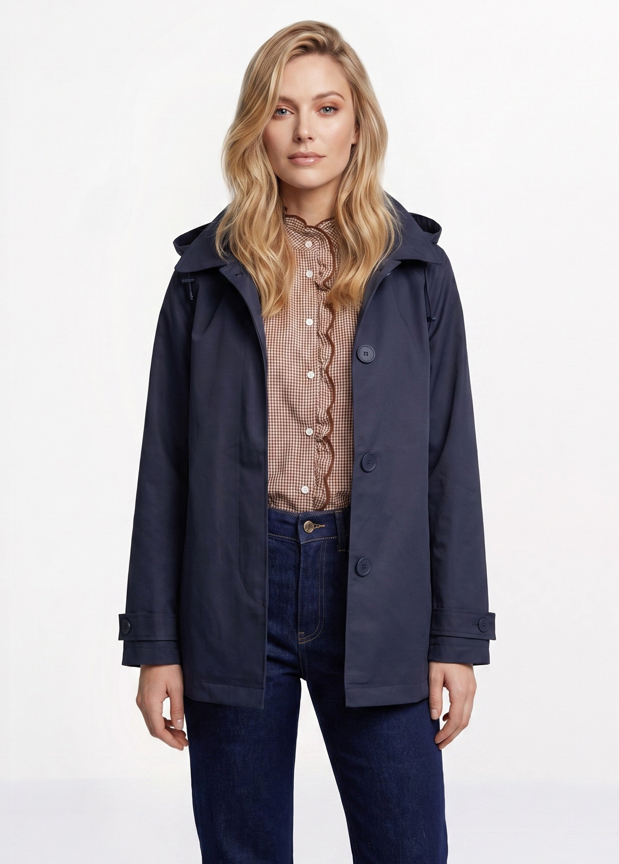 Trench court déperlant, capuche amovible Femme Bleu LJ-6051 FA1