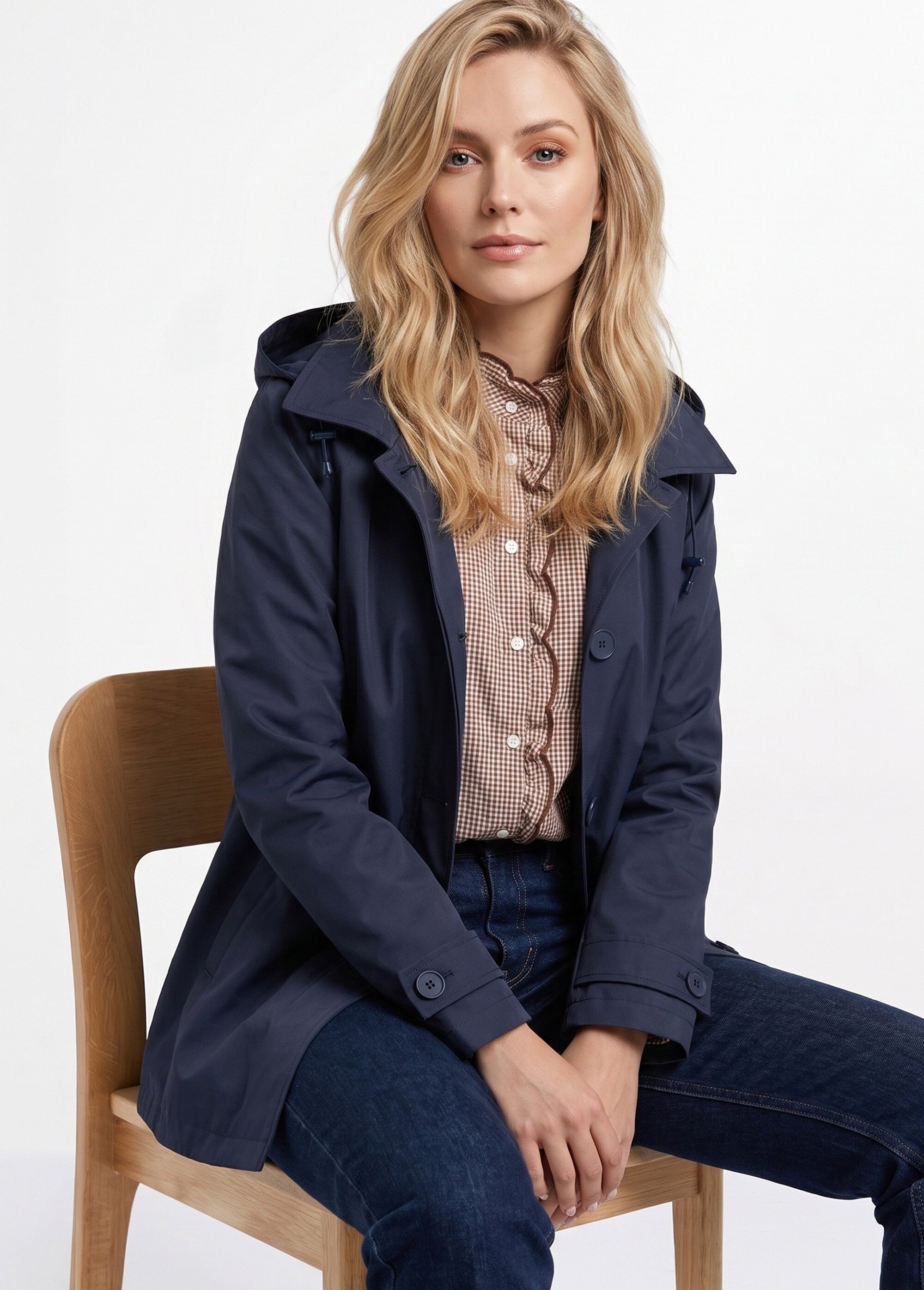 Trench court déperlant, capuche amovible Femme Bleu LJ-6051 MV1