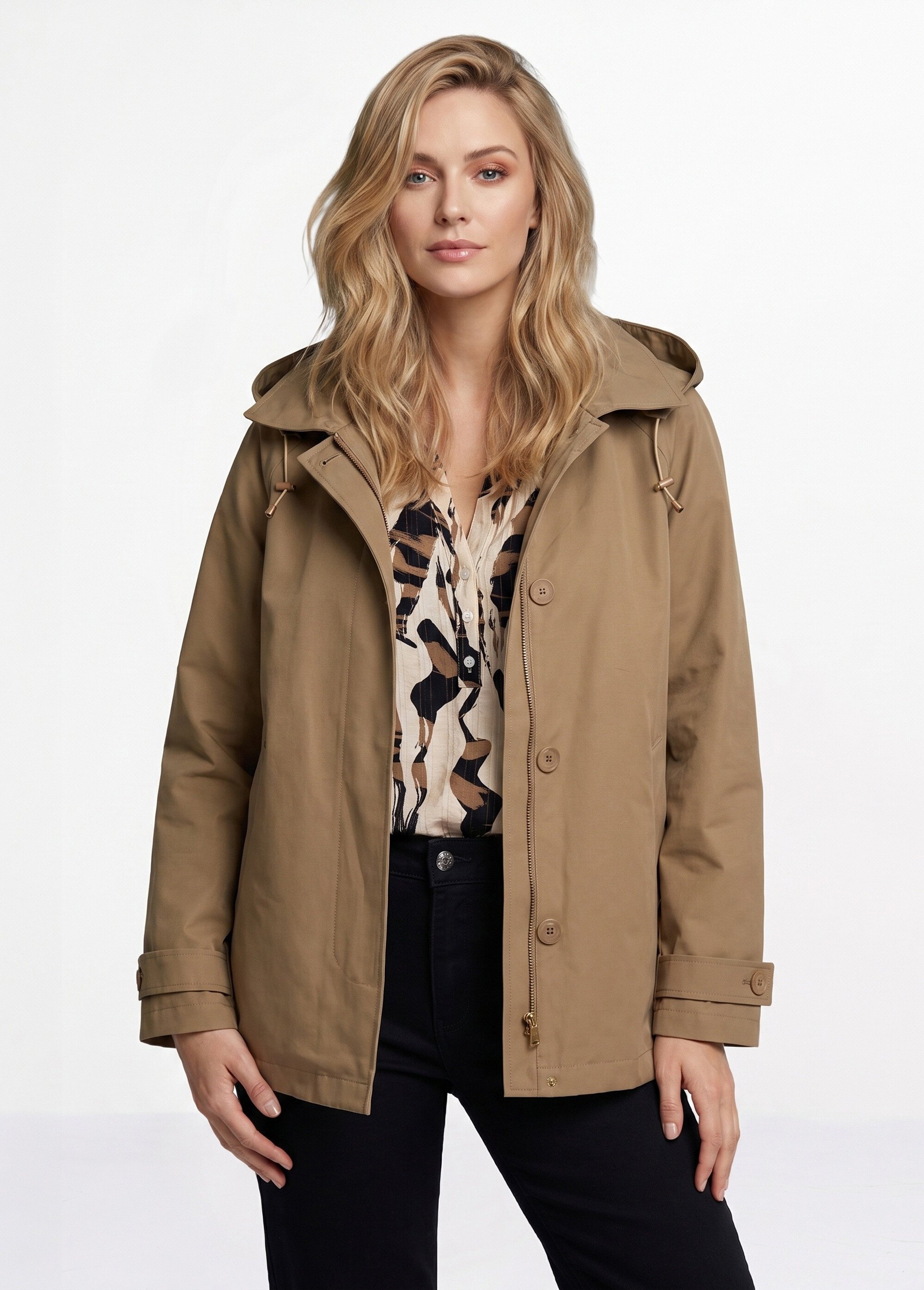 Trench court déperlant, capuche amovible Femme Marron LJ-6051 FA1