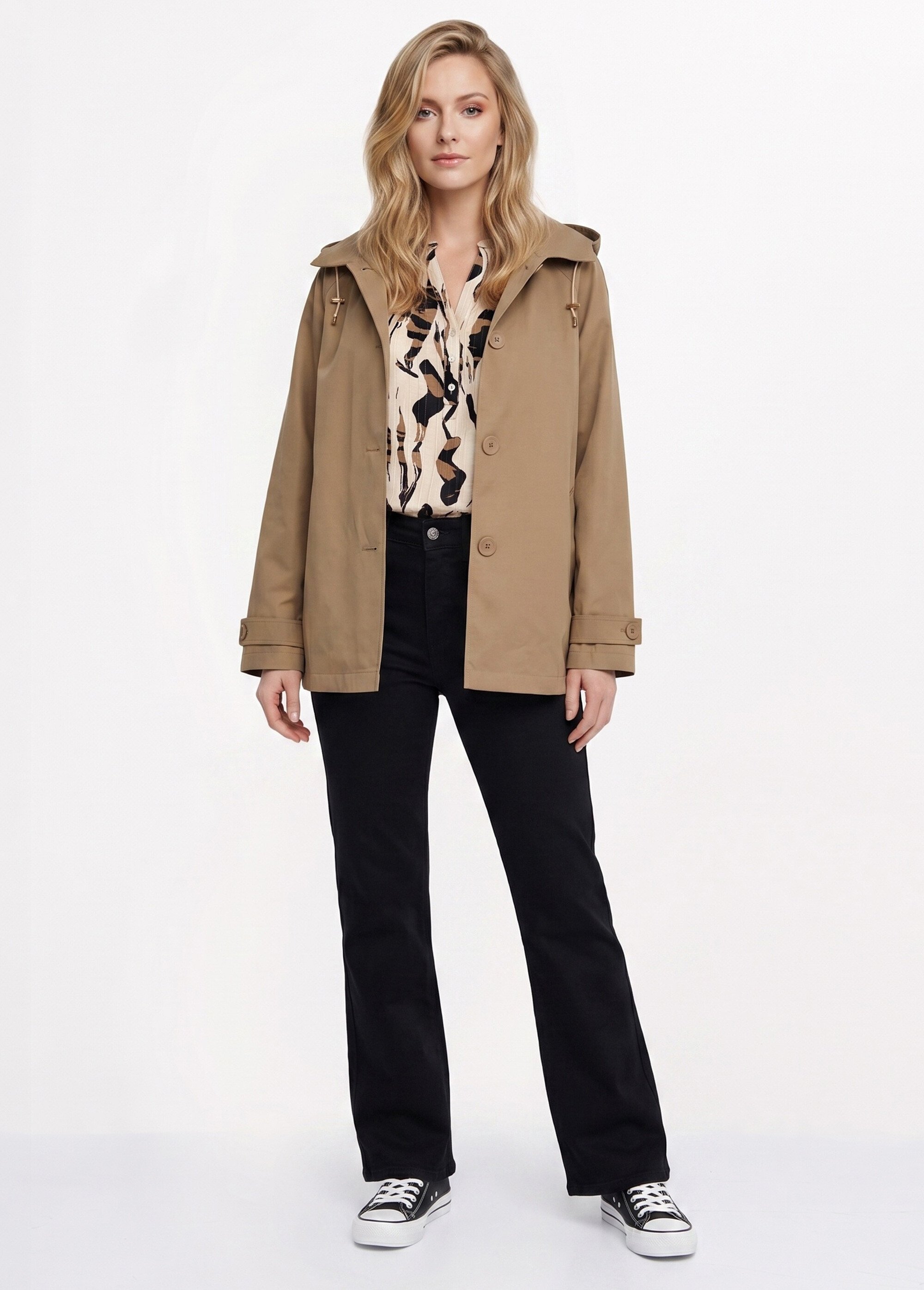 Trench court déperlant, capuche amovible Femme Marron LJ-6051 SI1