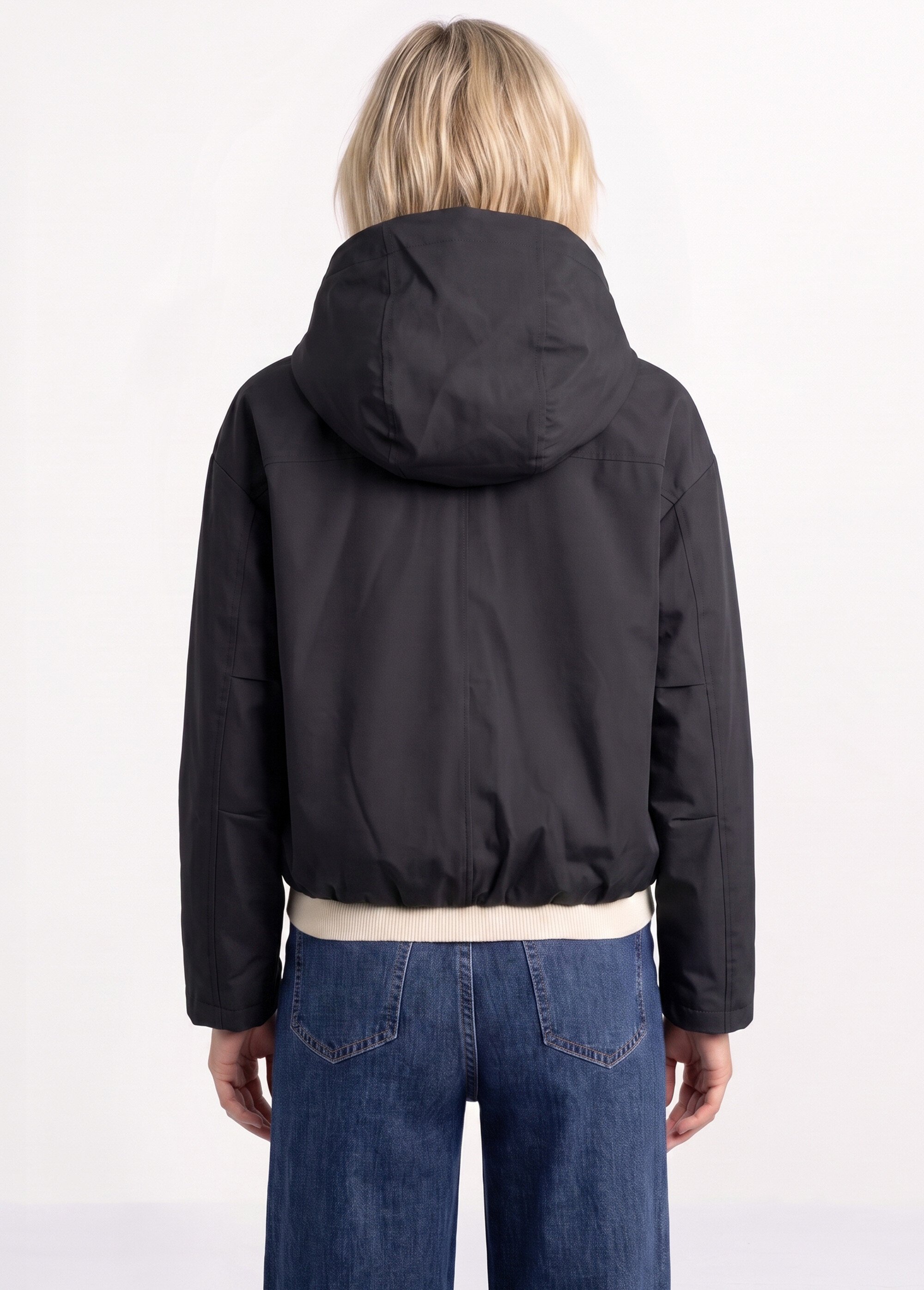 Veste courte coupe vent, capuche amovible Femme Noir LJ-6110 DO1