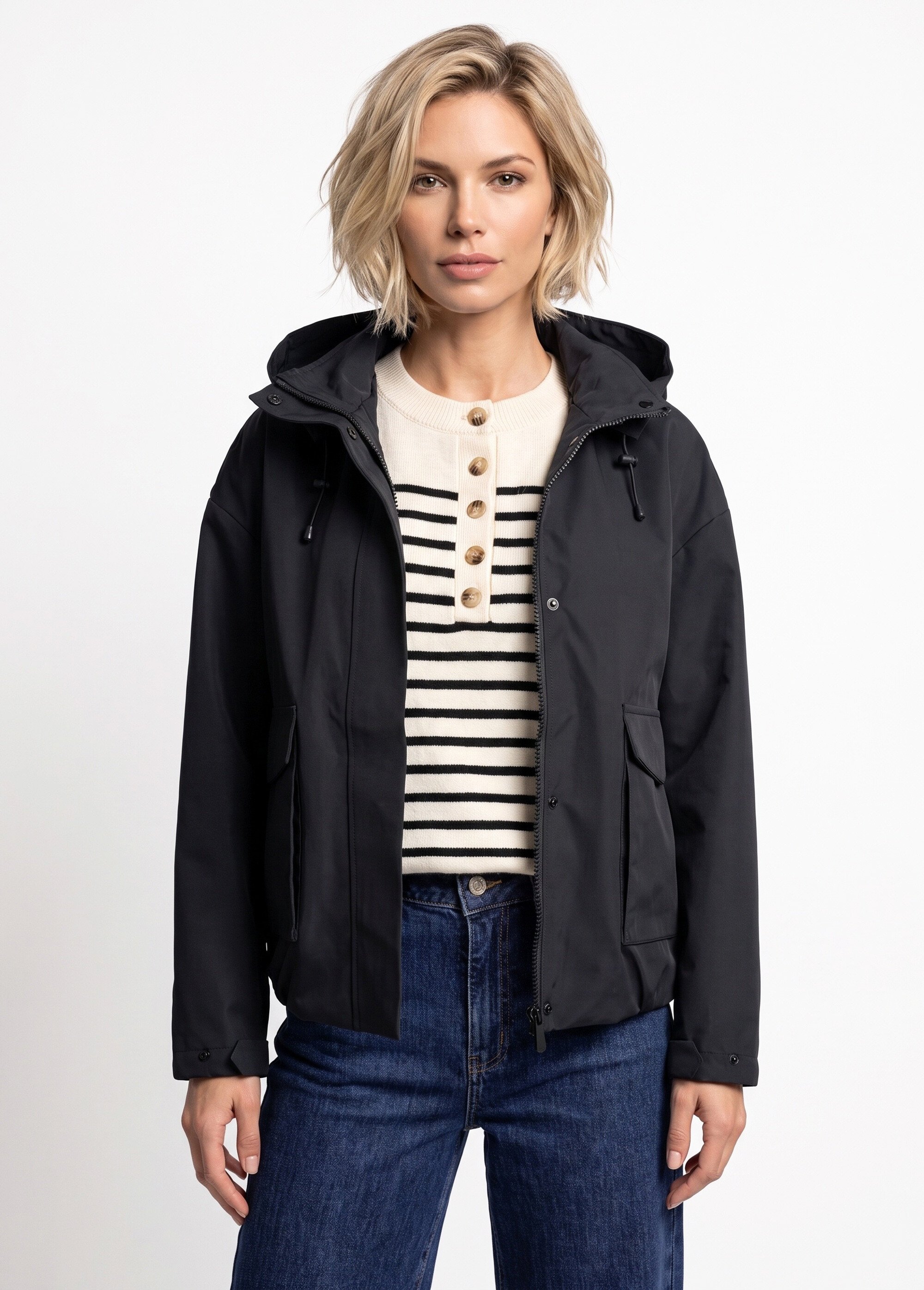 Veste courte coupe vent, capuche amovible Femme Noir LJ-6110 FA1
