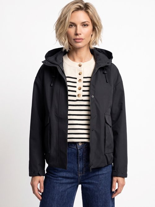 Veste courte coupe vent, capuche amovible Femme Noir LJ-6110 FA1