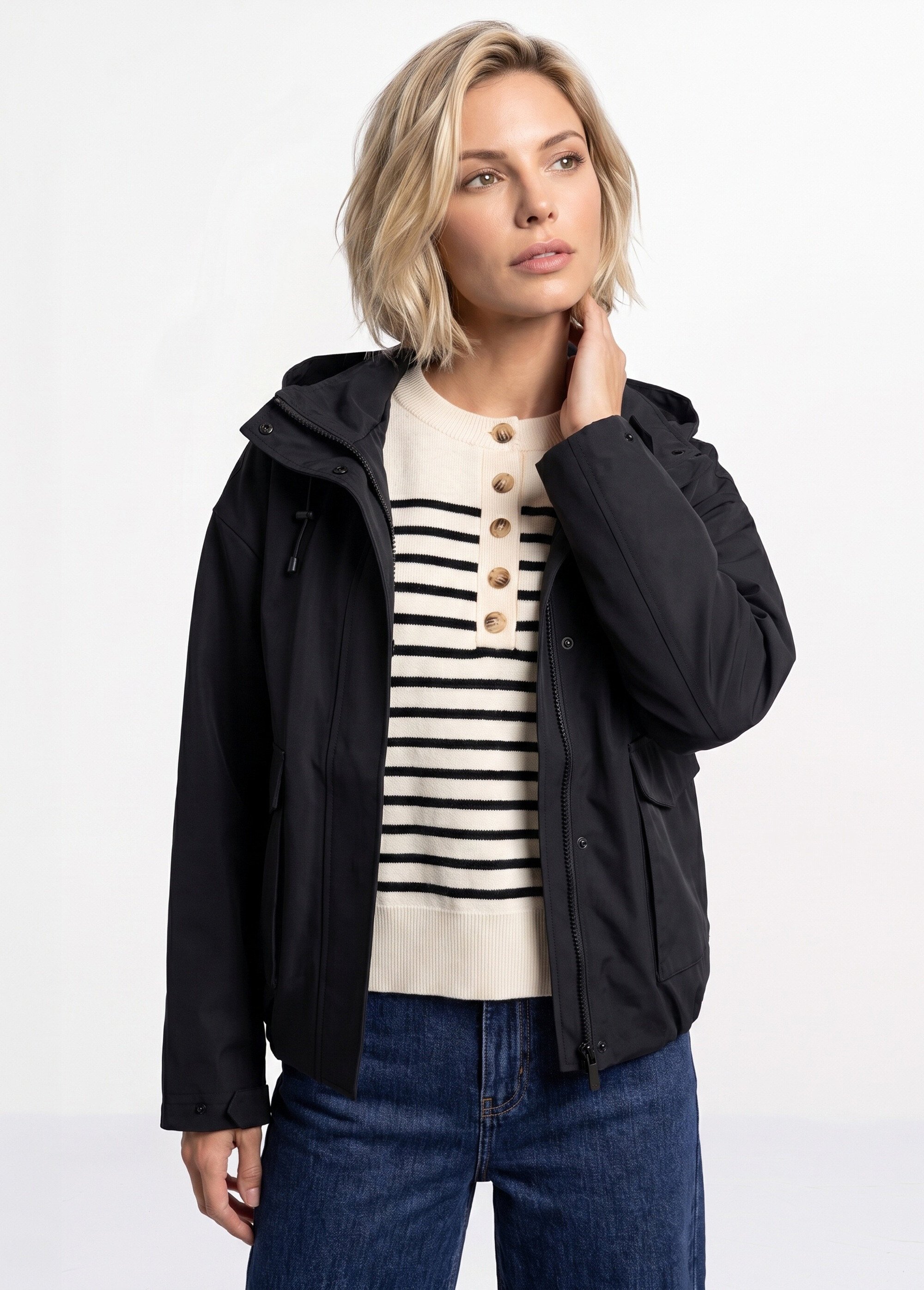 Veste courte coupe vent, capuche amovible Femme Noir LJ-6110 MV1
