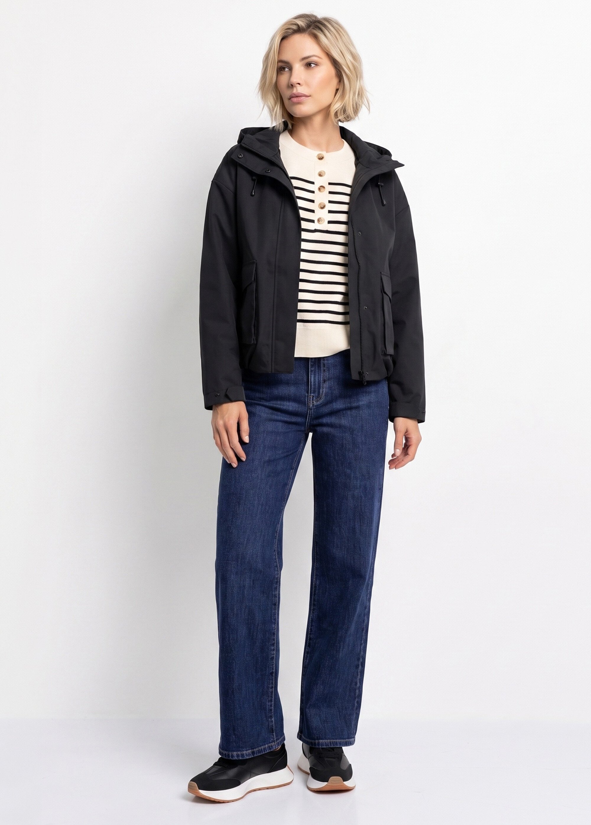 Veste courte coupe vent, capuche amovible Femme Noir LJ-6110 SI1