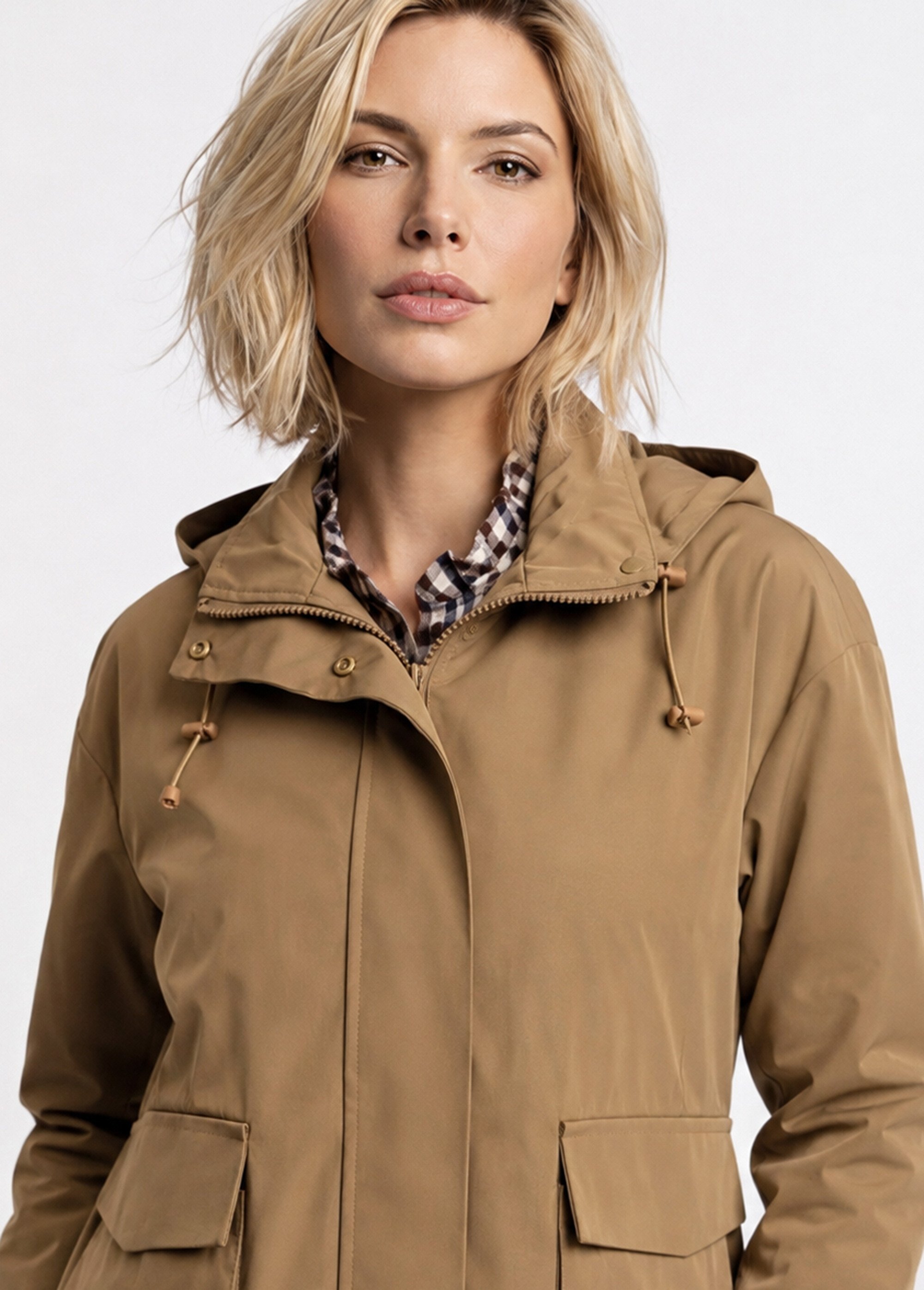 Veste courte coupe vent, capuche amovible Femme Marron LJ-6110 DE1