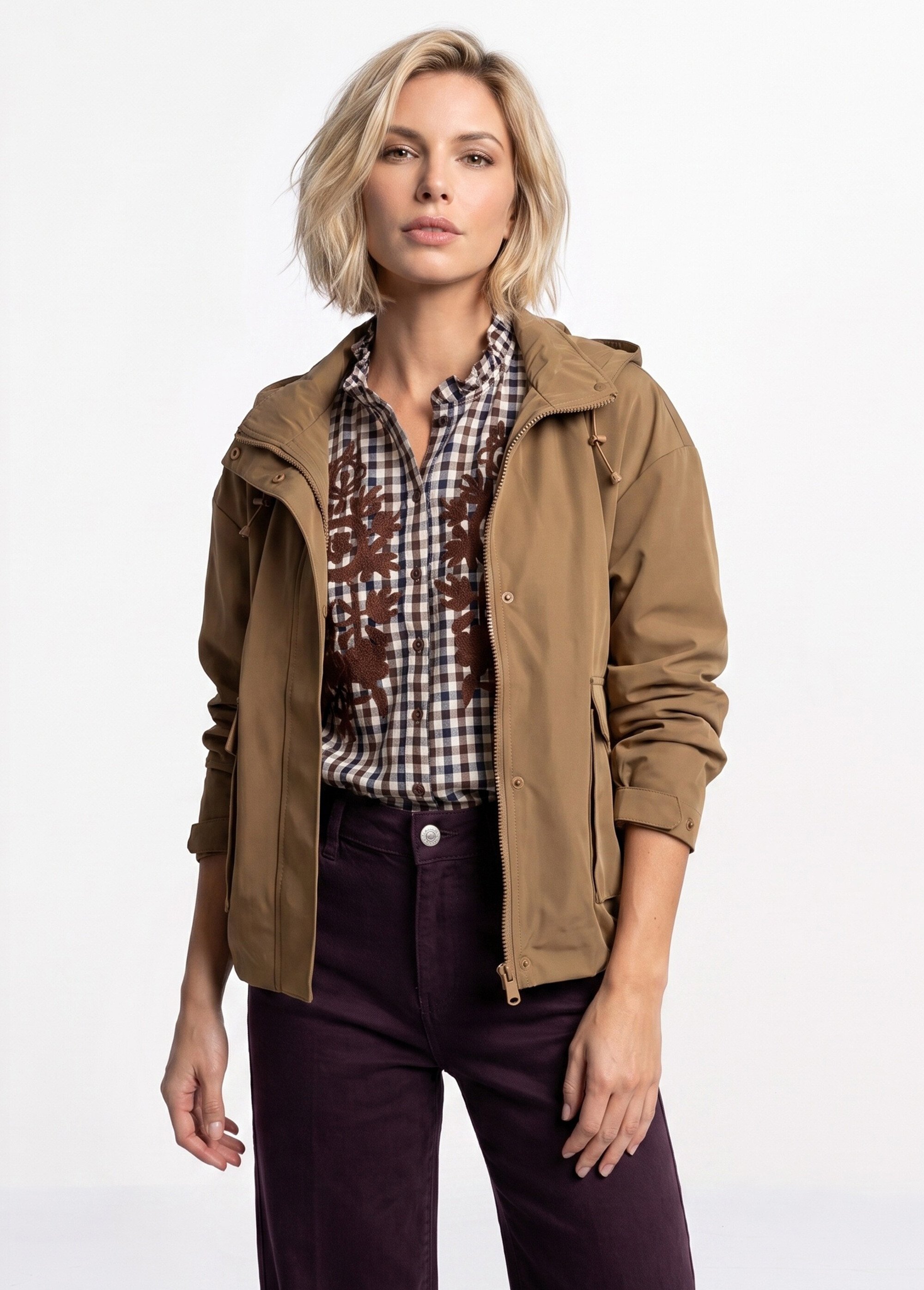 Veste courte coupe vent, capuche amovible Femme Marron LJ-6110 FA1