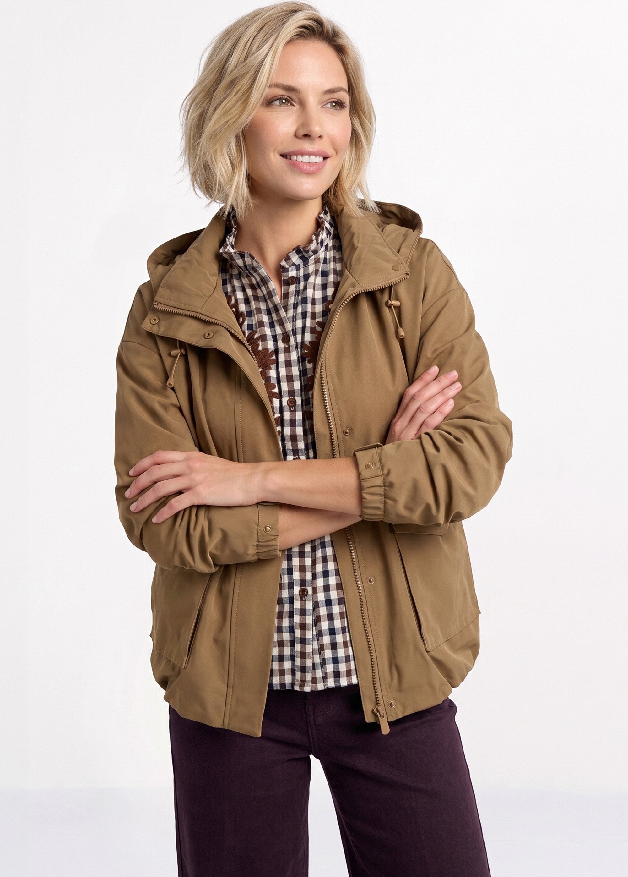 Veste courte coupe vent, capuche amovible Femme Marron LJ-6110 MV1