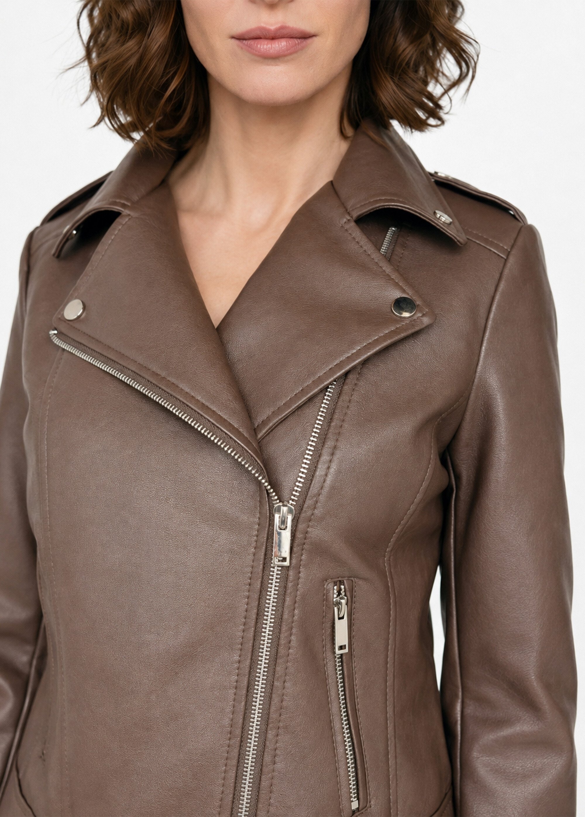Veste de motard zippée en simili cuir Femme Marron SFT-S-3808 DE1