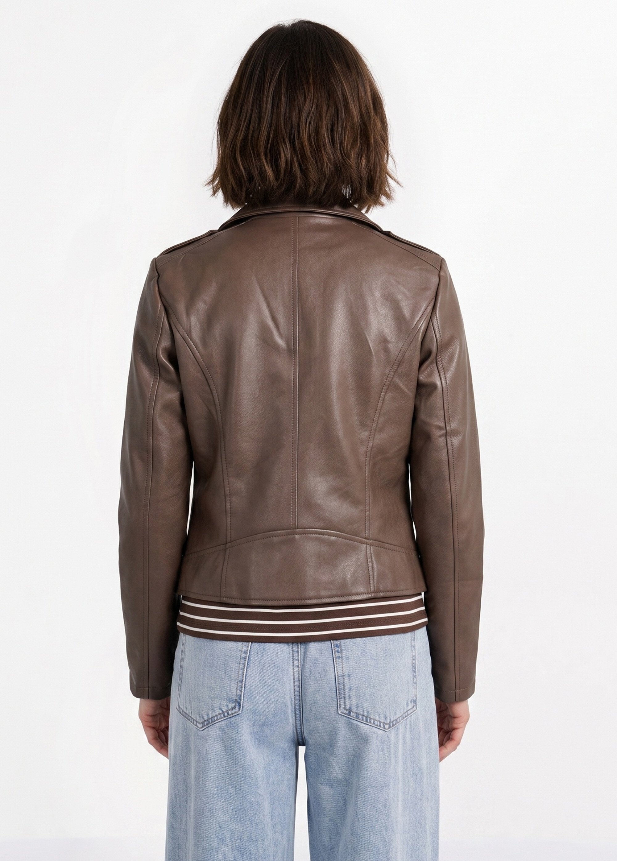 Veste de motard zippée en simili cuir Femme Marron SFT-S-3808 DO1