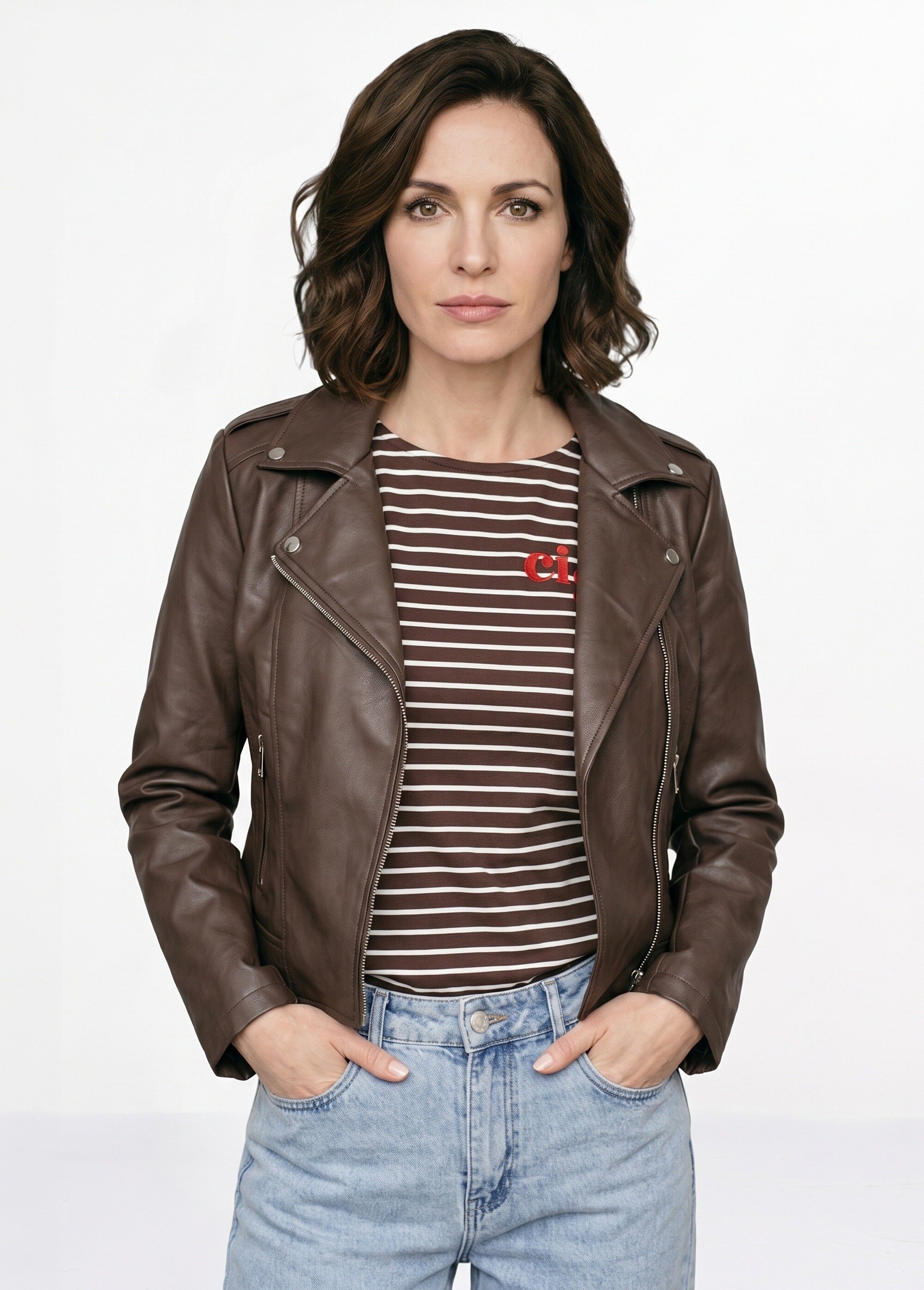 Veste de motard zippée en simili cuir Femme Marron SFT-S-3808 FA1