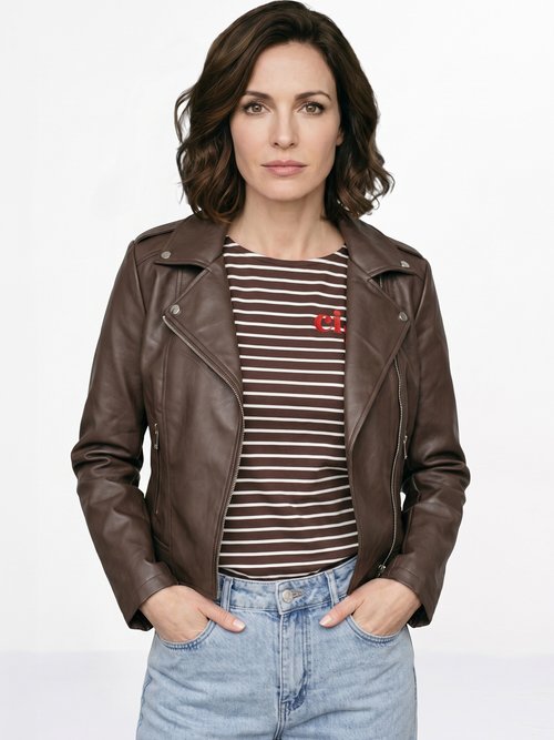 Veste de motard zippée en simili cuir Femme Marron SFT-S-3808 FA1