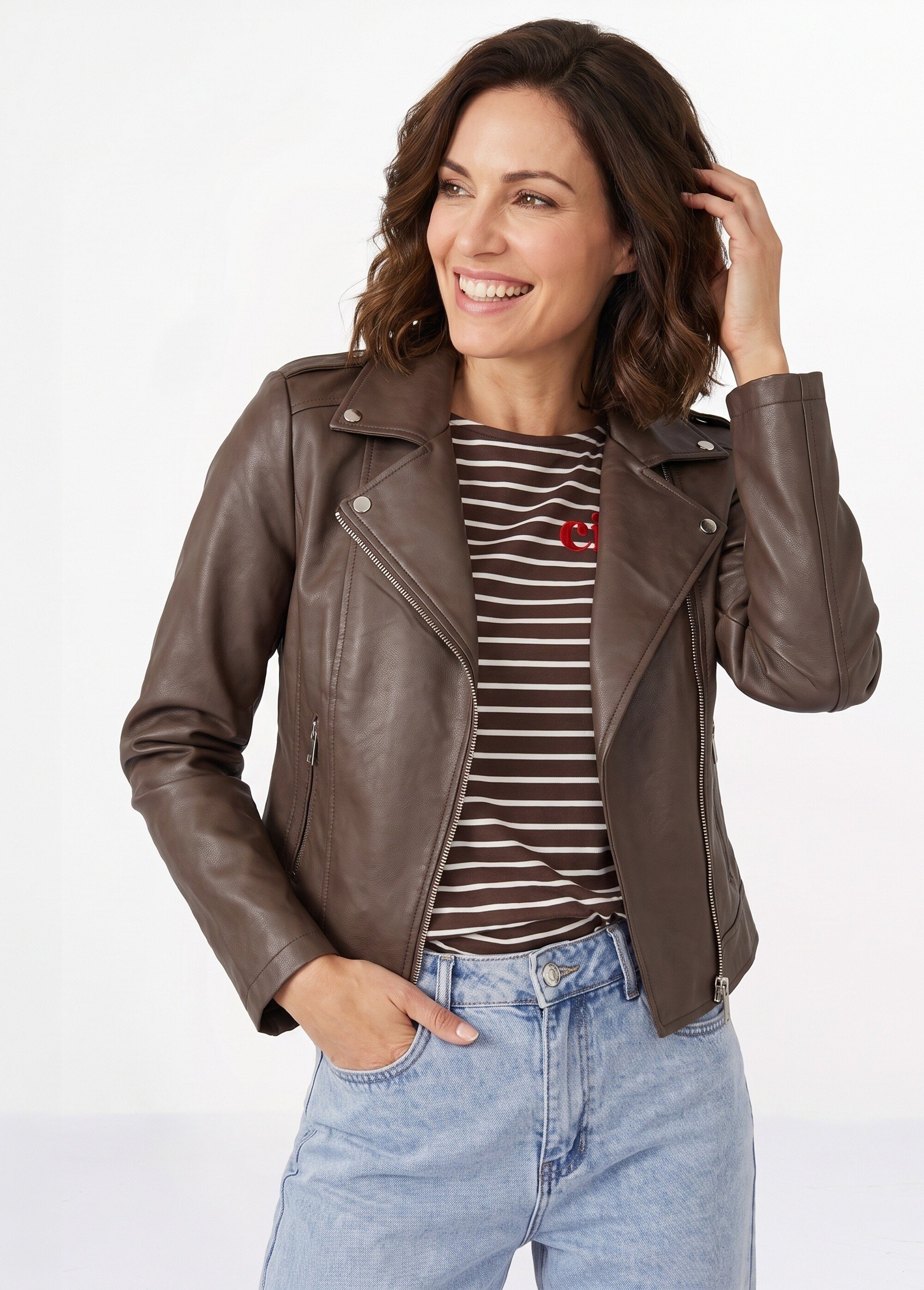 Veste de motard zippée en simili cuir Femme Marron SFT-S-3808 MV1