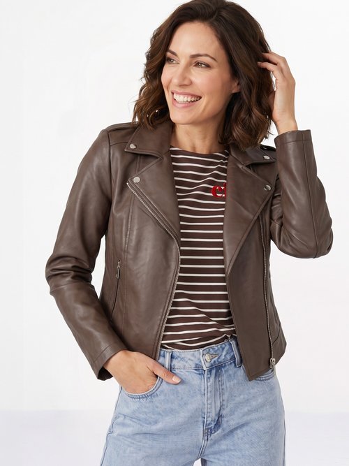 Veste de motard zippée en simili cuir Femme Marron SFT-S-3808 MV1