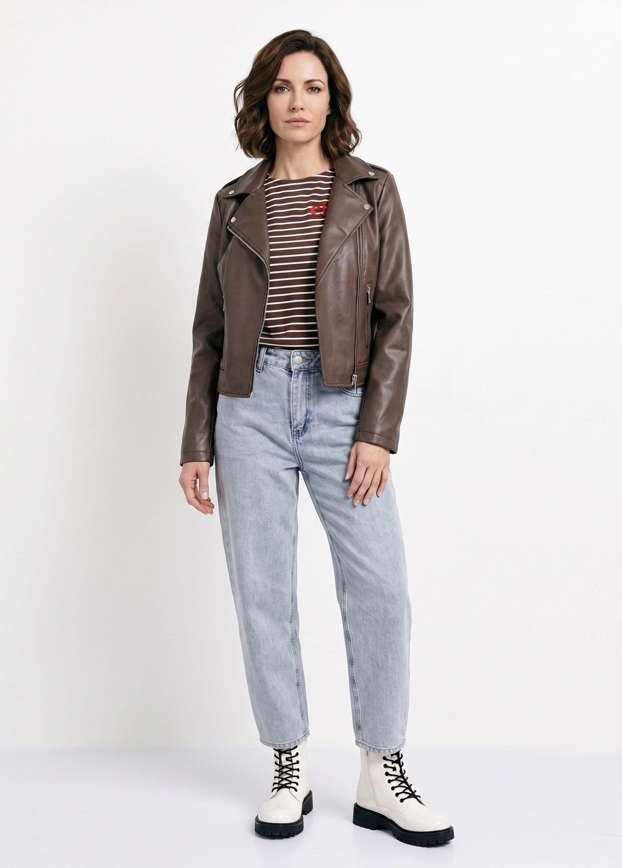 Veste de motard zippée en simili cuir Femme Marron SFT-S-3808 SI1