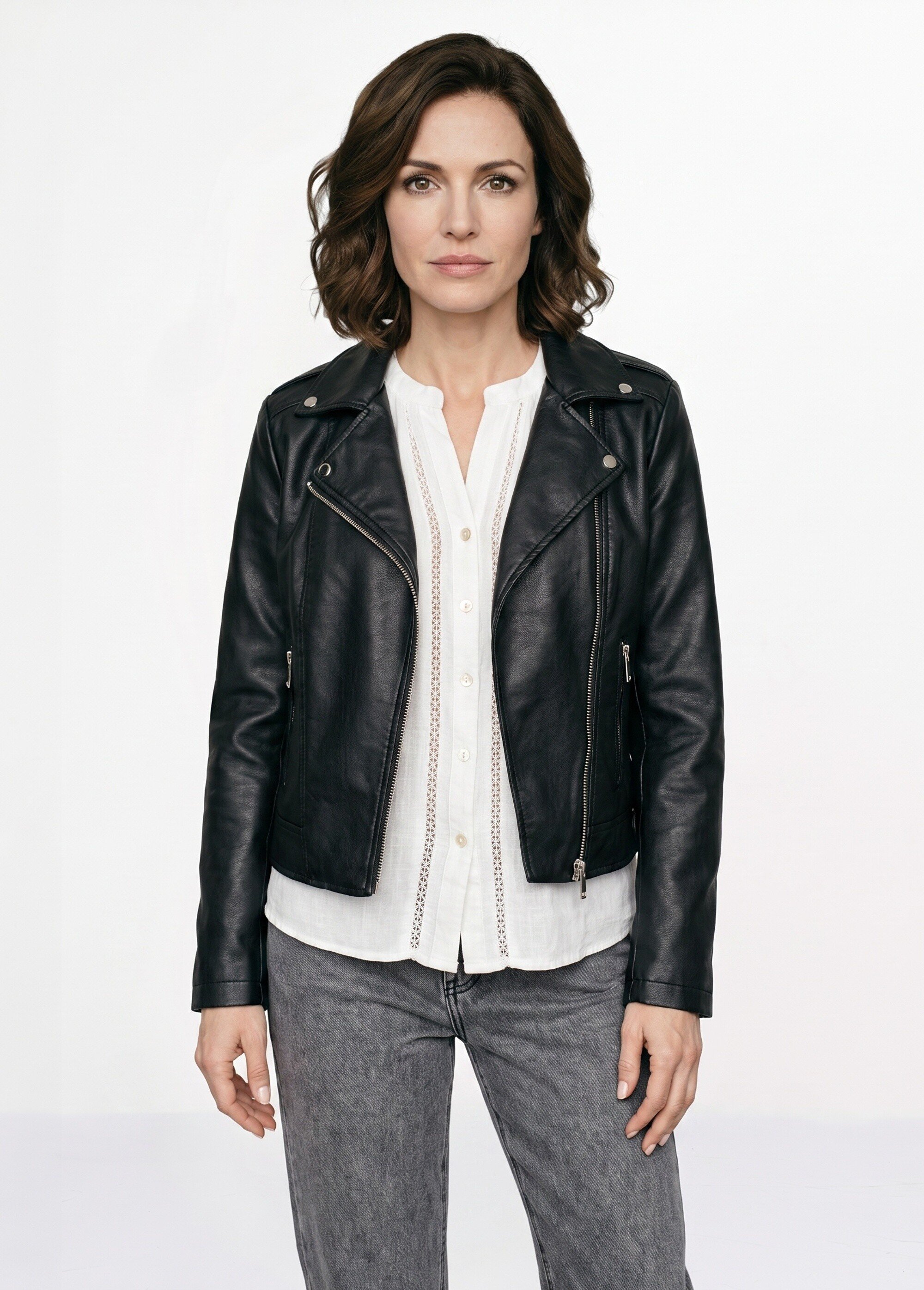 Veste de motard zippée en simili cuir Femme Noir SFT-S-3808 FA1