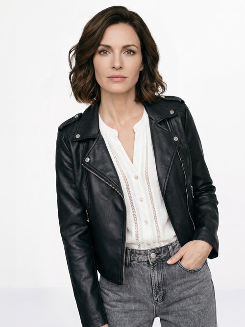 Veste de motard zippée en simili cuir Femme Noir SFT-S-3808 MV1