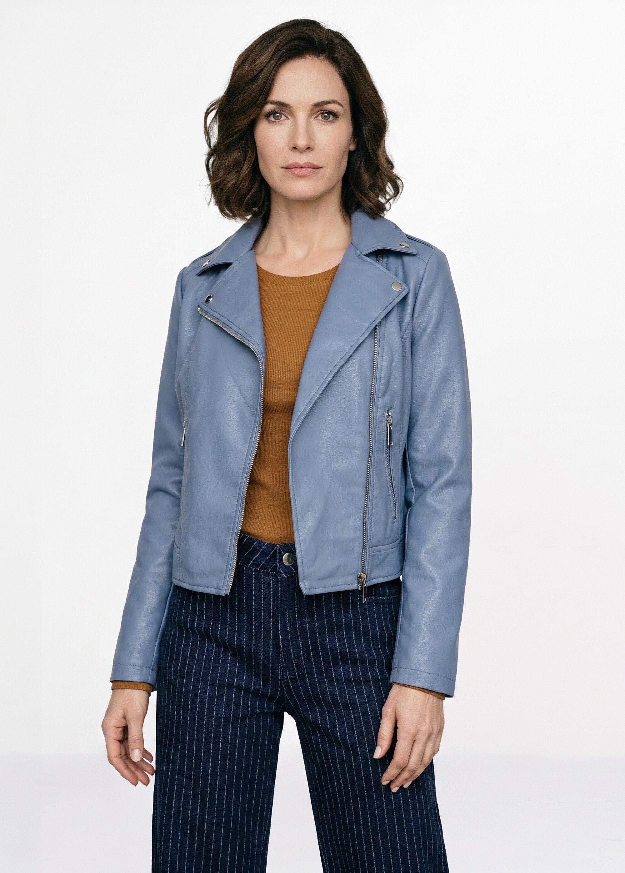 Veste de motard zippée en simili cuir Femme Bleu SFT-S-3808 FA1