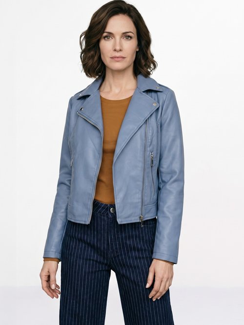 Veste de motard zippée en simili cuir Femme Bleu SFT-S-3808 FA1