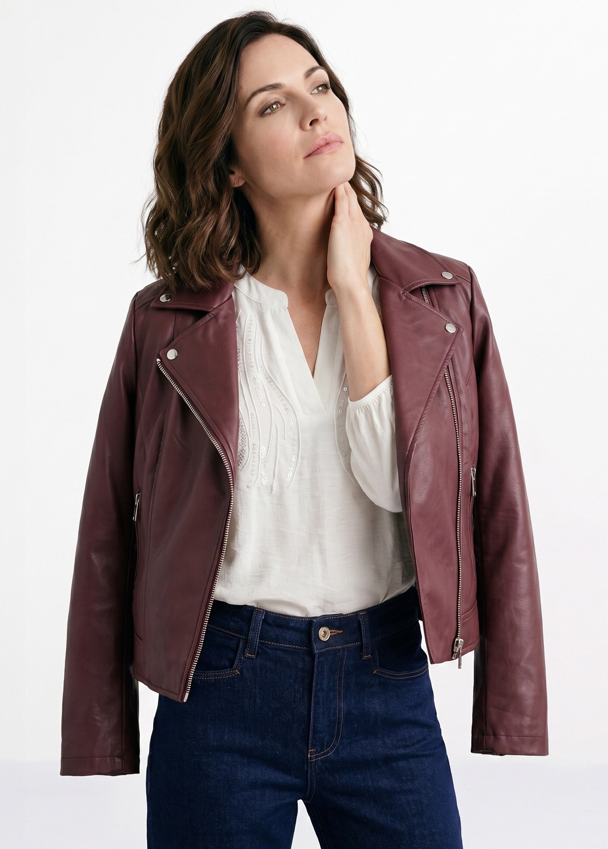 Veste de motard zippée en simili cuir Femme Rouge SFT-S-3808 MV1