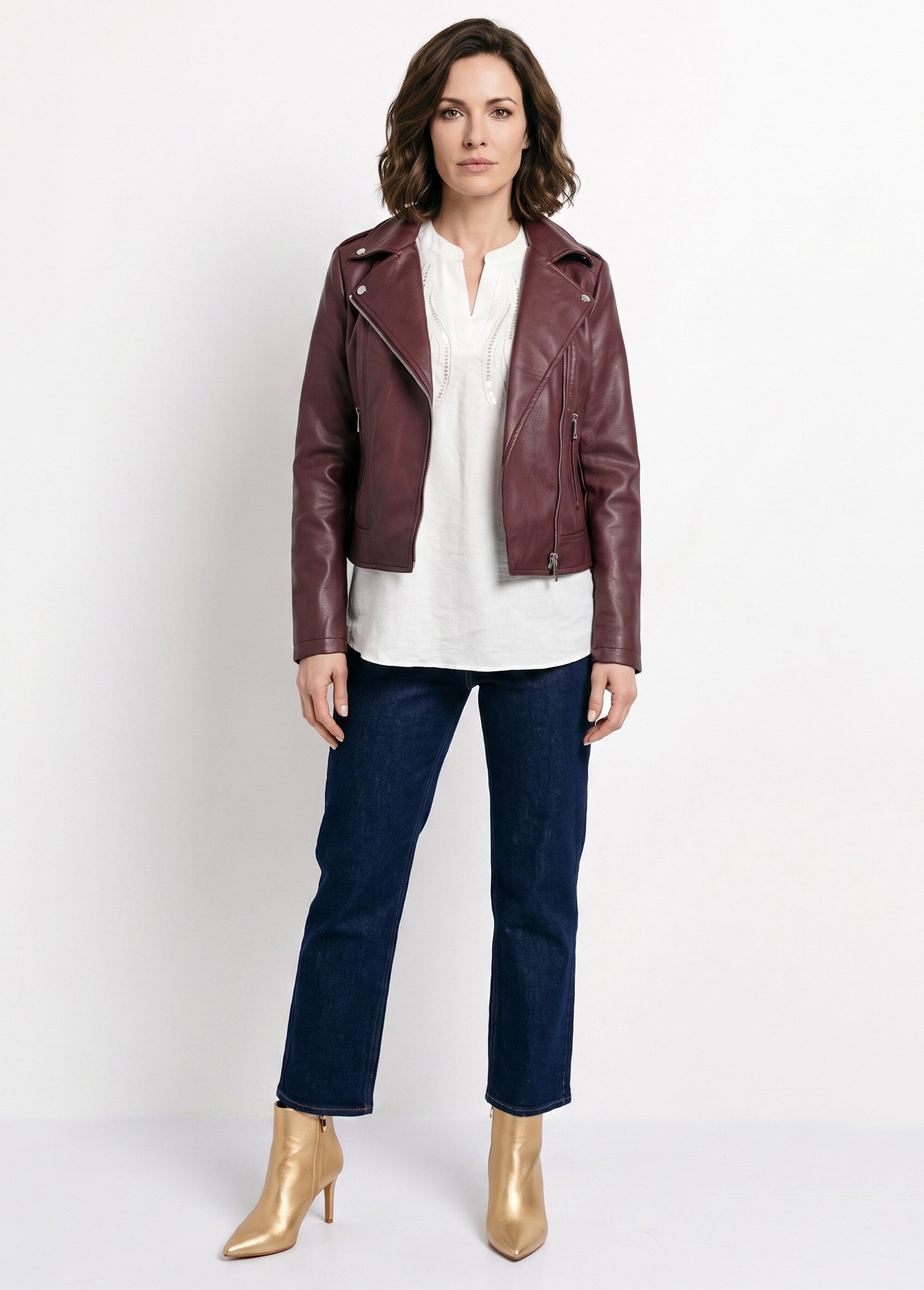 Veste de motard zippée en simili cuir Femme Rouge SFT-S-3808 SI1