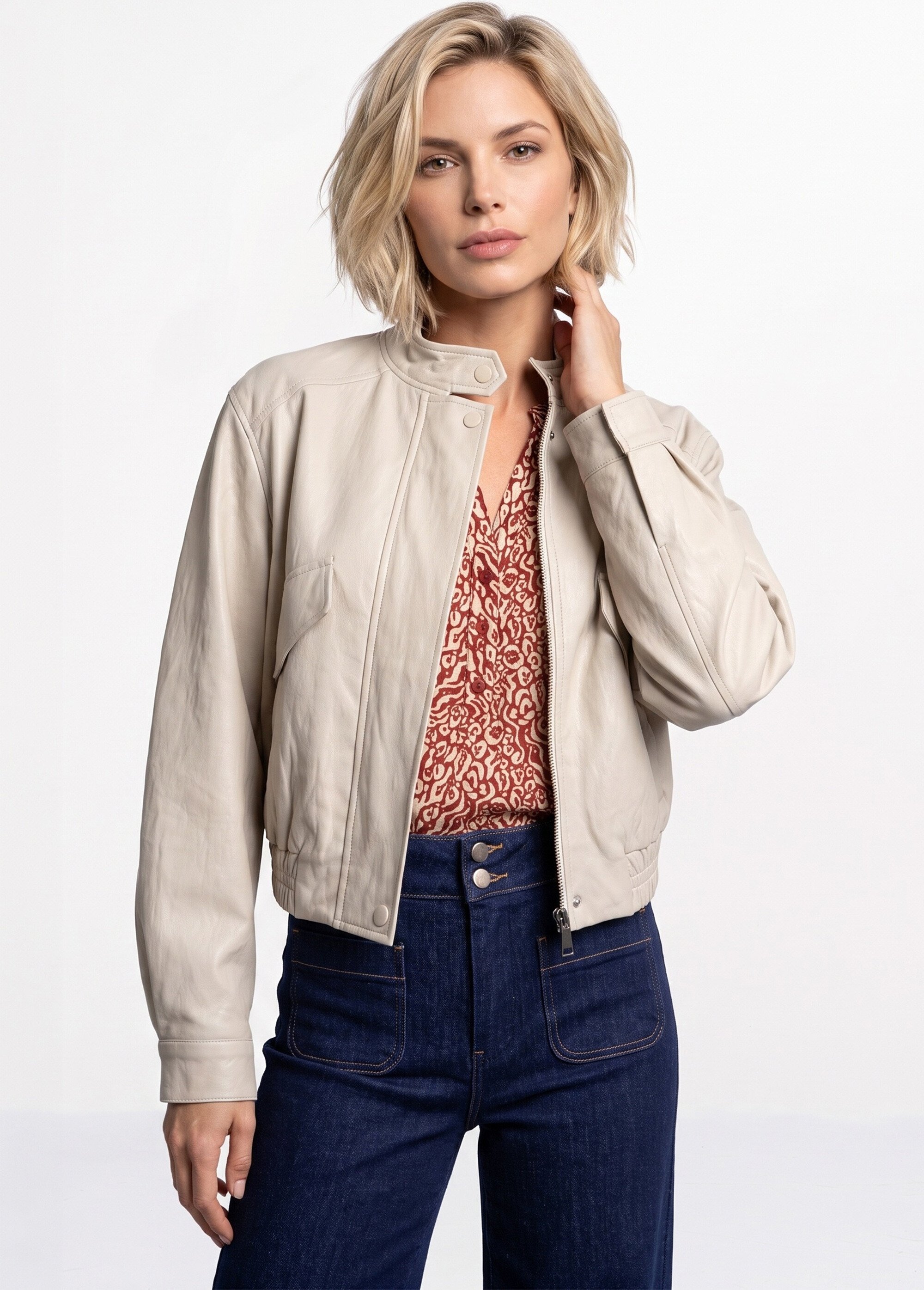 Veste motard en simili cuir froissé Femme Beige SFT-6903 MV1