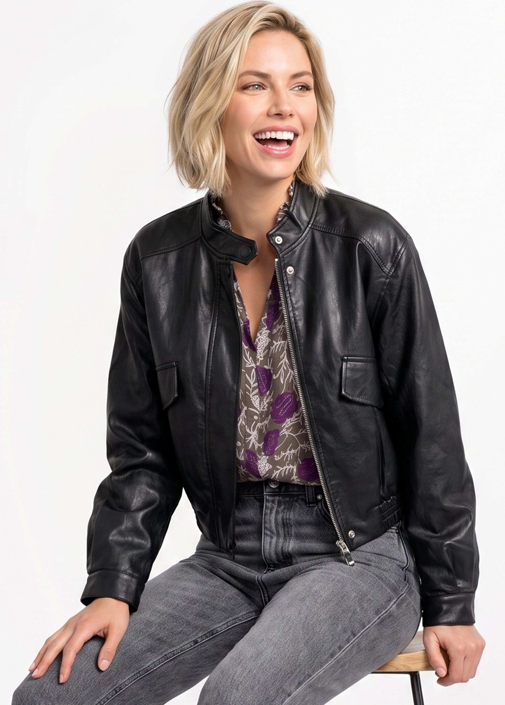 Veste motard en simili cuir froissé Femme Noir SFT-6903 MV1