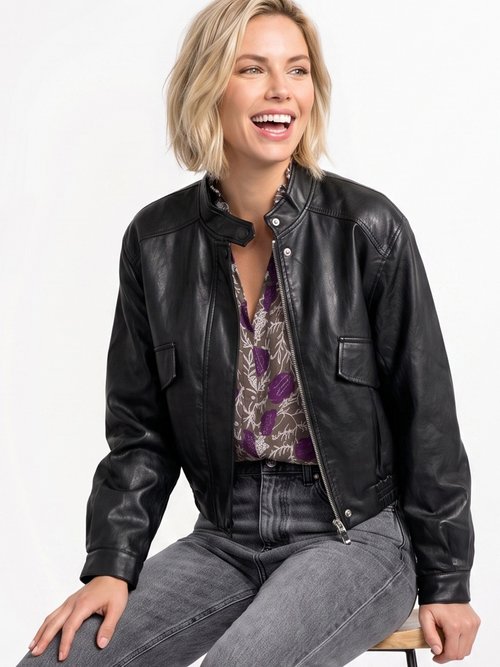 Veste motard en simili cuir froissé Femme Noir SFT-6903 MV1