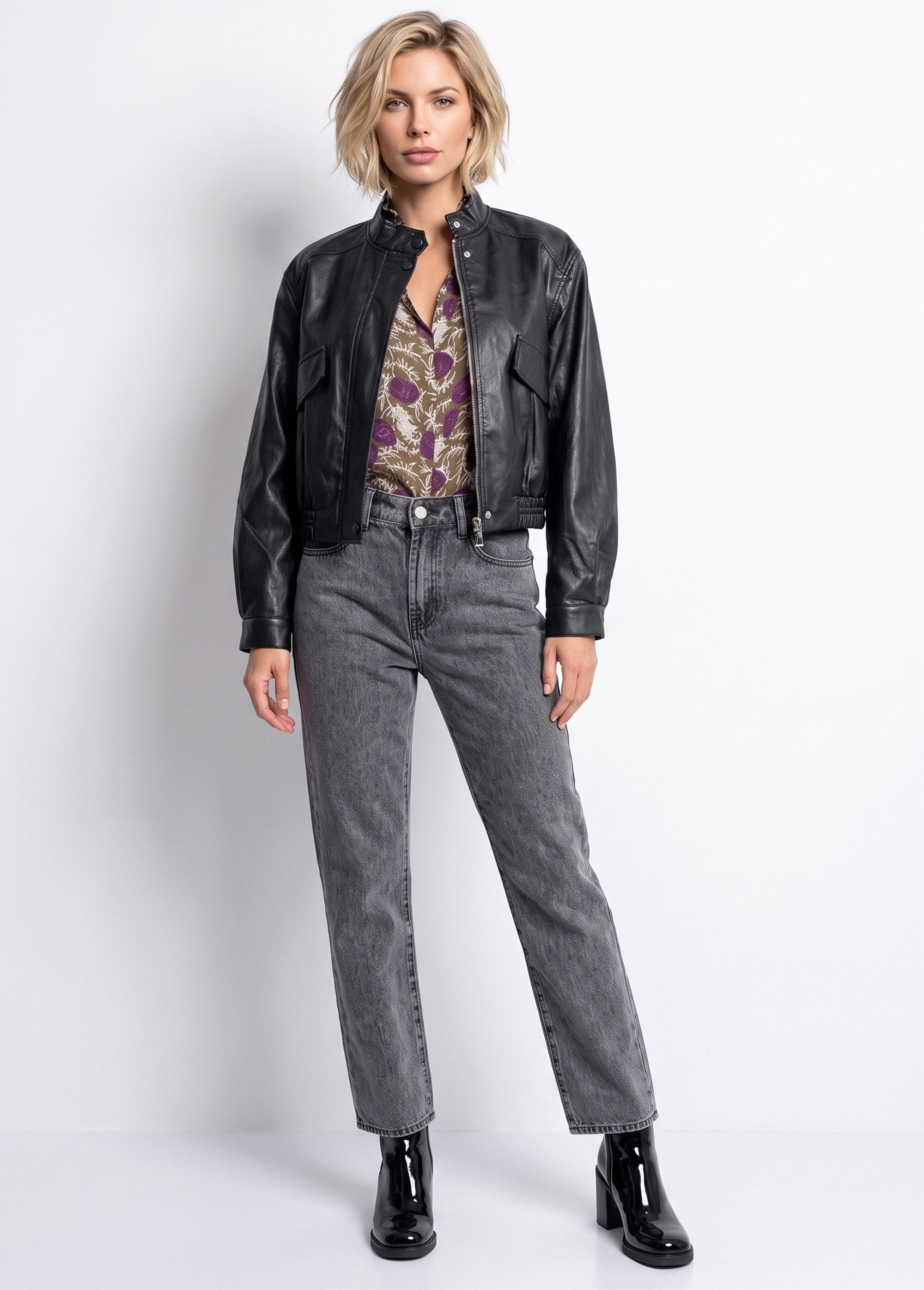 Veste motard en simili cuir froissé Femme Noir SFT-6903 SI1