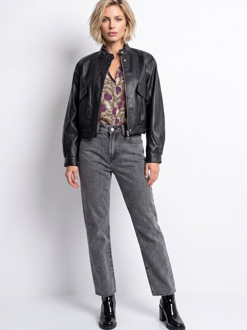 Veste motard en simili cuir froissé Femme Noir SFT-6903 SI1