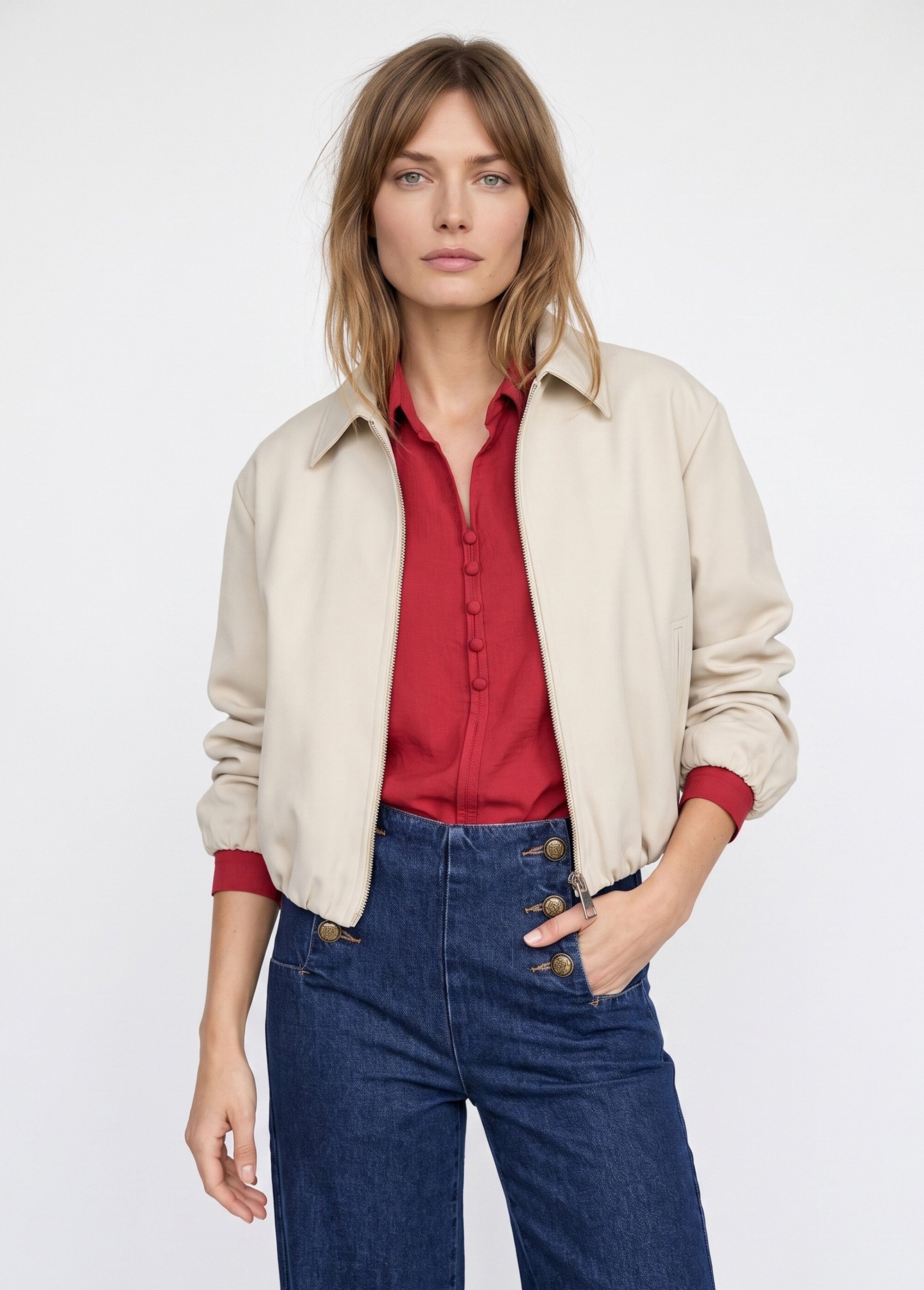 Veste zippée, détails élastiqués Femme Beige SFT-S-6228 FA1